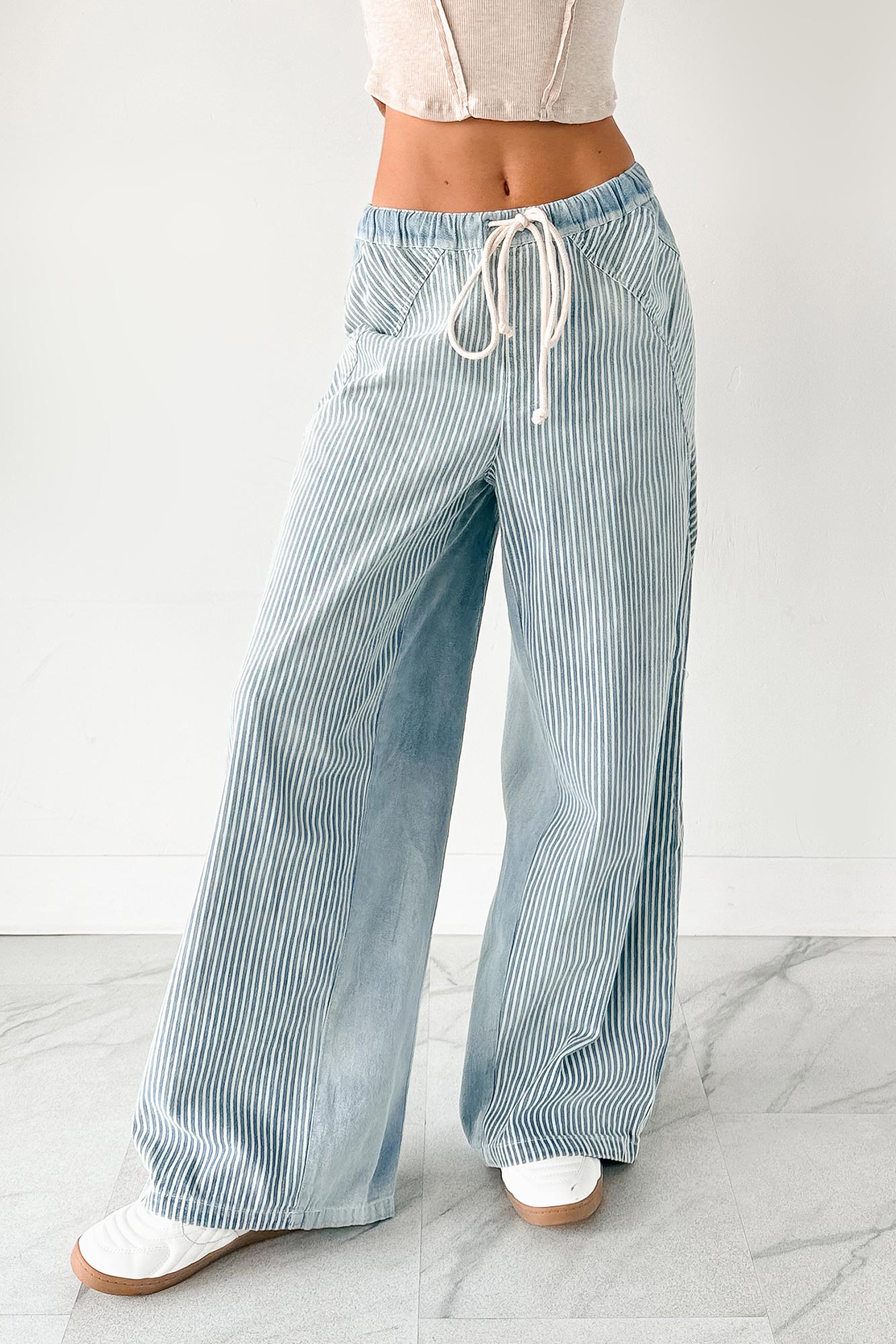Franklin Striped Drawstring Wide Leg Jeans (Denim) - NanaMacs