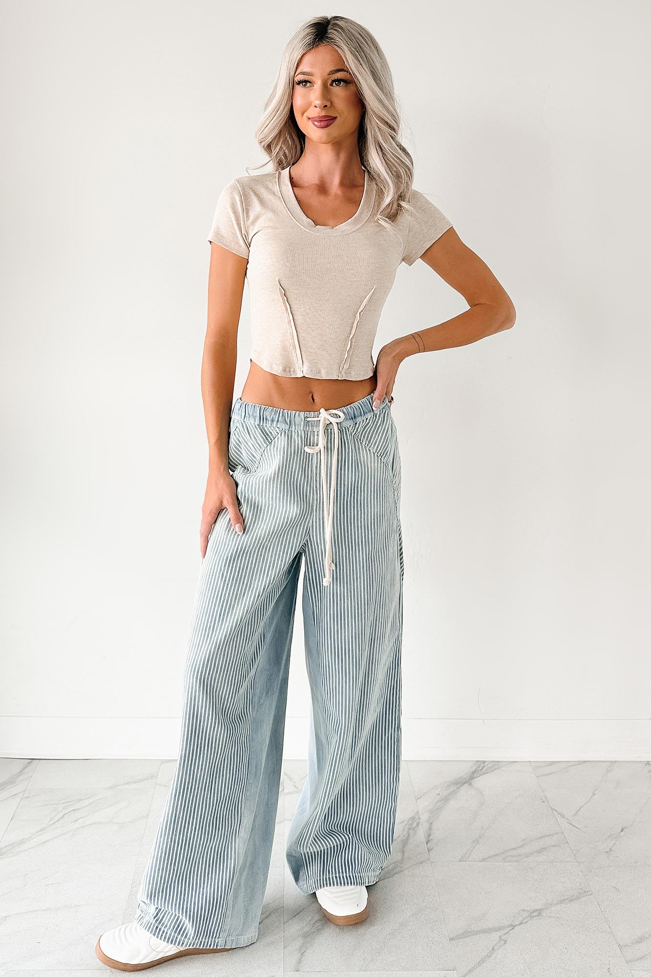 Franklin Striped Drawstring Wide Leg Jeans (Denim) - NanaMacs