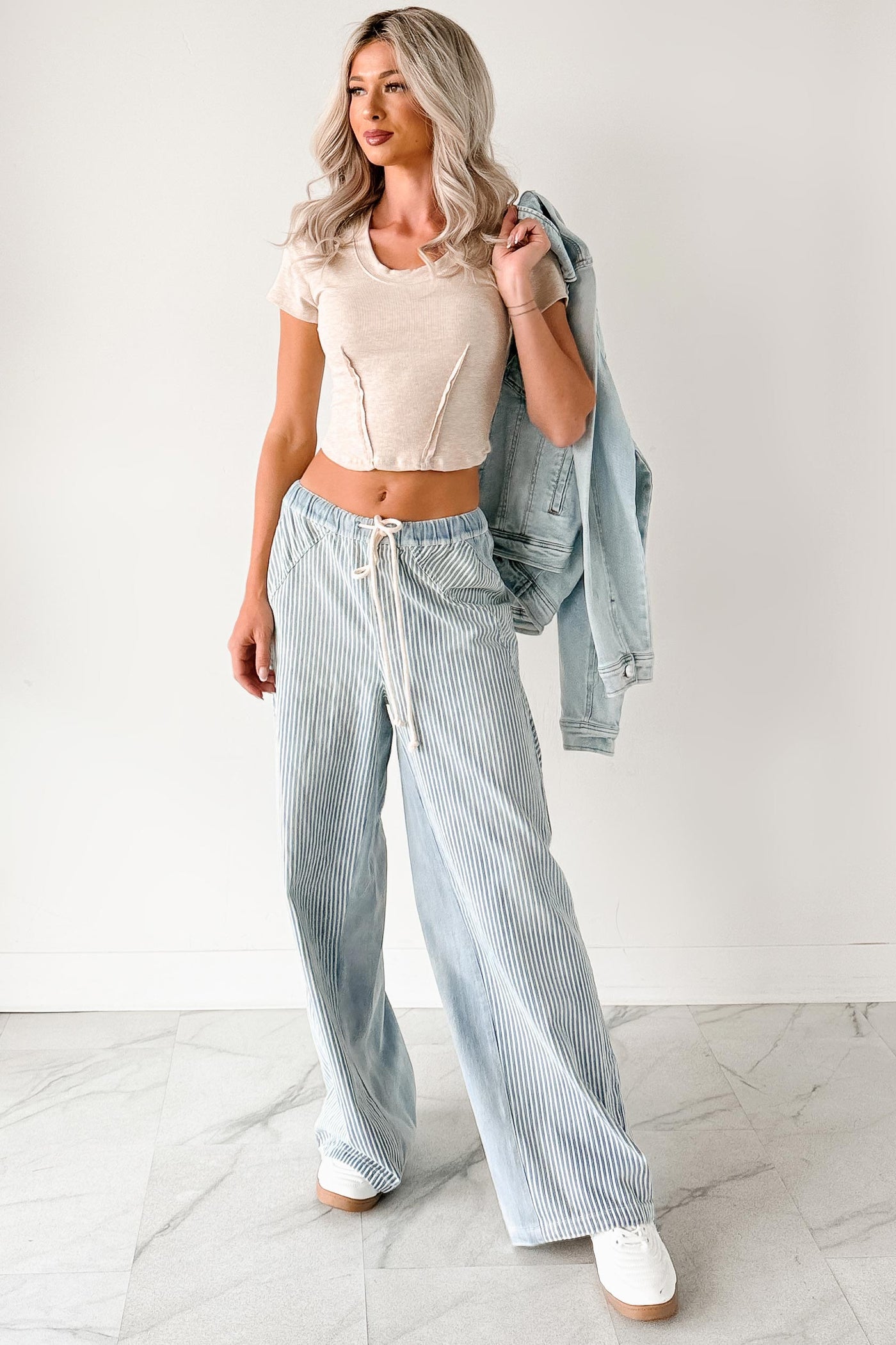 Franklin Striped Drawstring Wide Leg Jeans (Denim) - NanaMacs