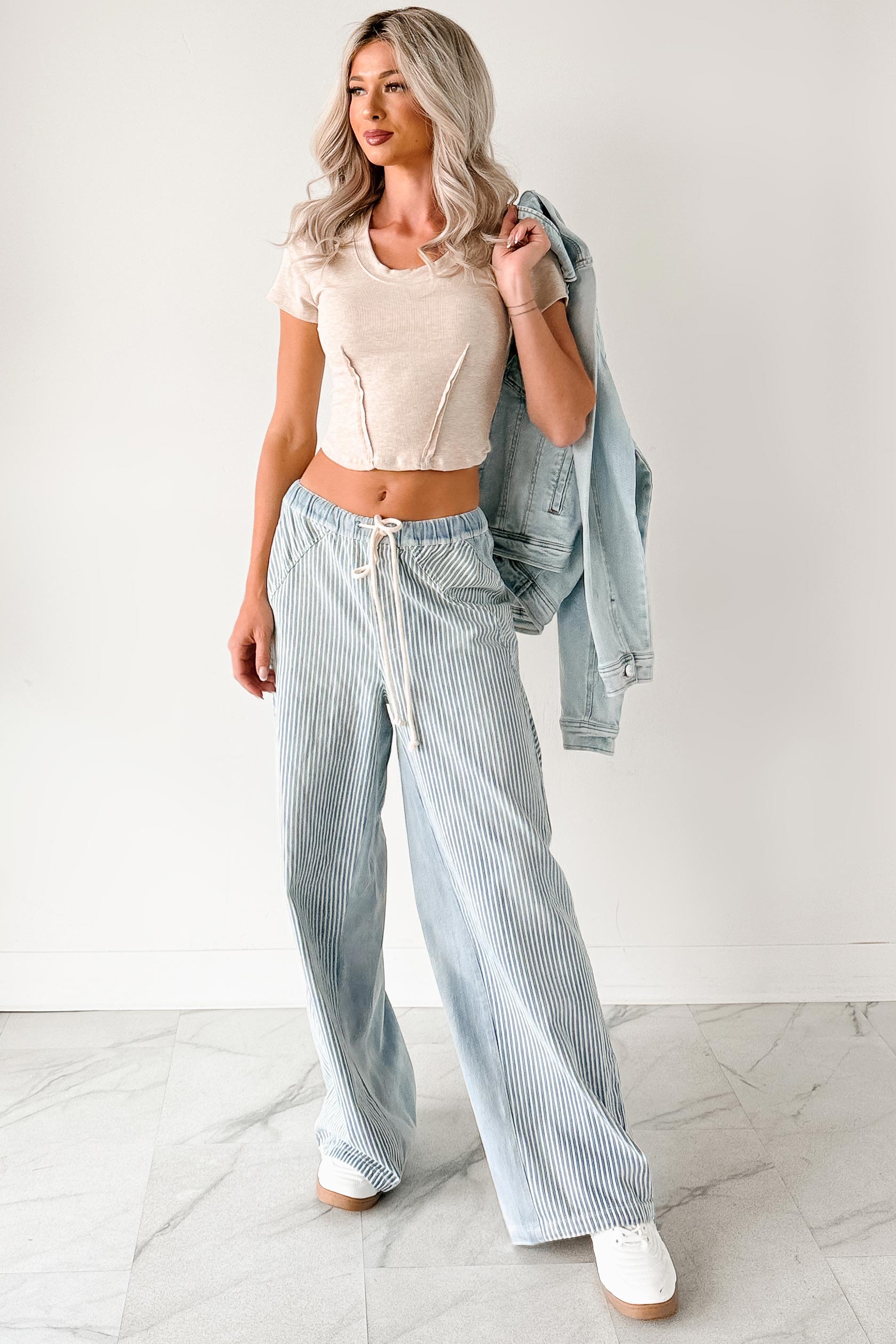 Franklin Striped Drawstring Wide Leg Jeans (Denim) - NanaMacs