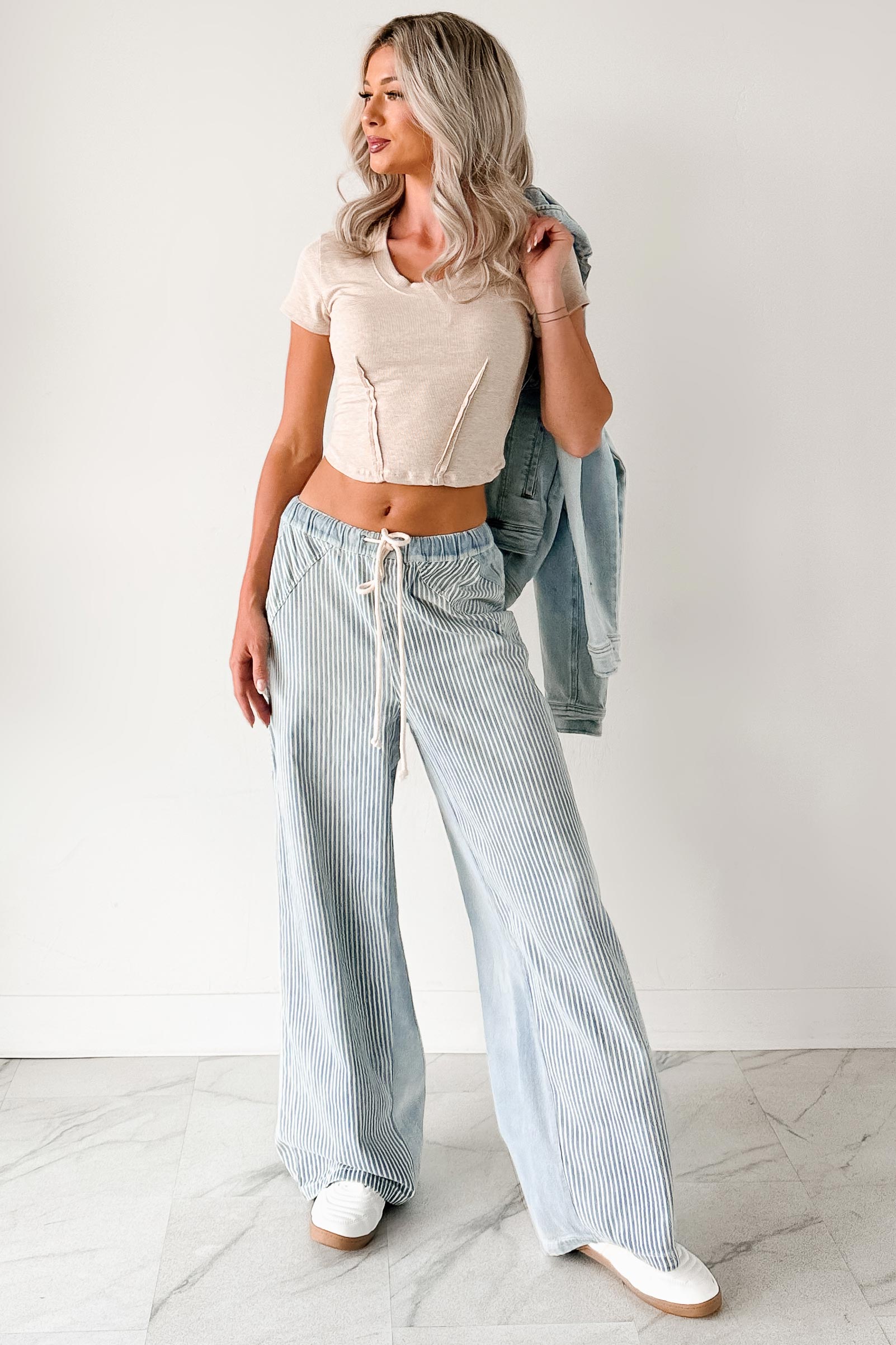 Franklin Striped Drawstring Wide Leg Jeans (Denim) - NanaMacs