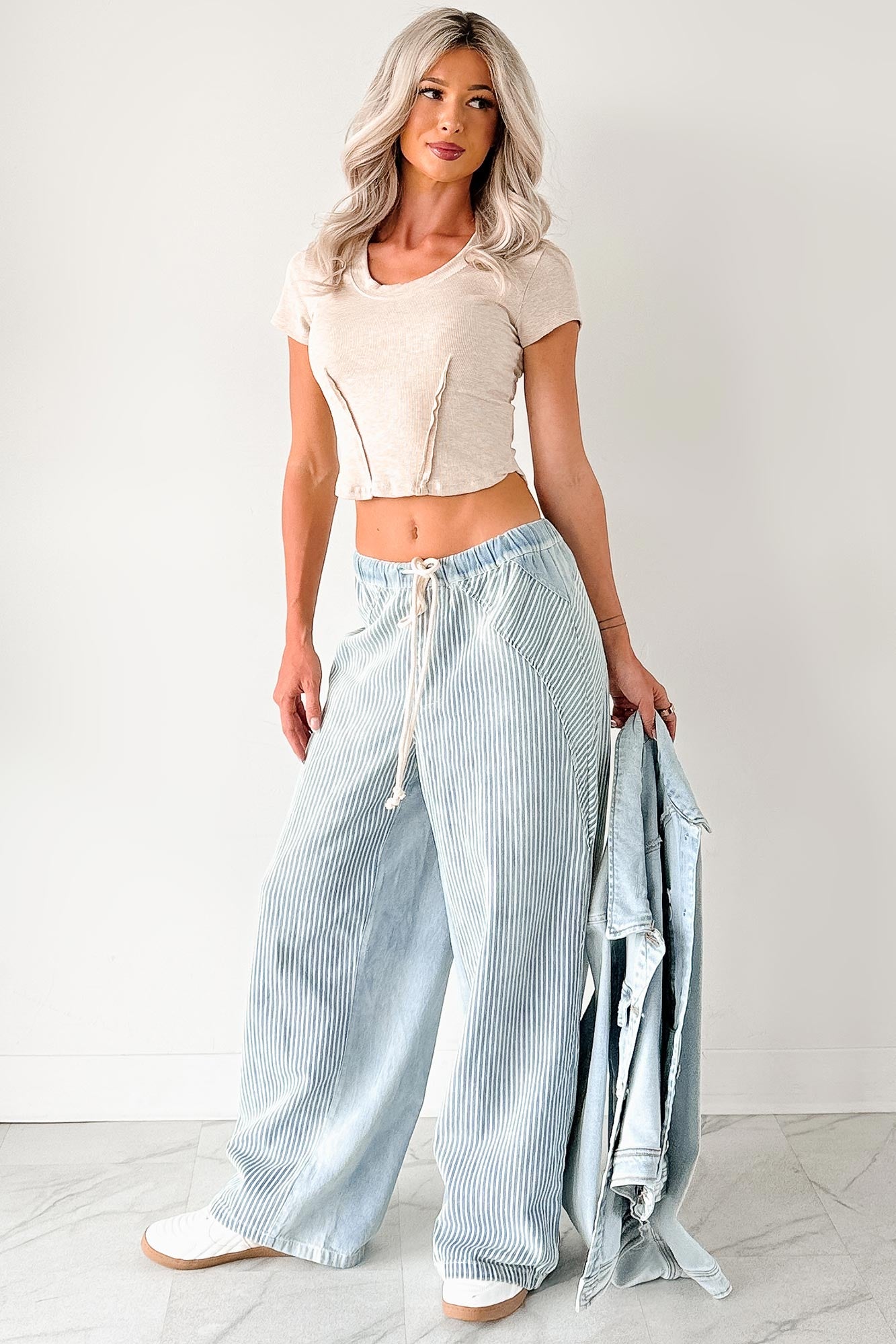 Franklin Striped Drawstring Wide Leg Jeans (Denim) - NanaMacs