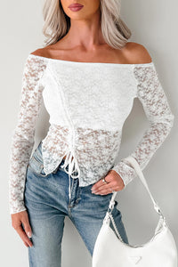 Up To Standard Ruched Lace Asymmetric Top (Ivory) - NanaMacs