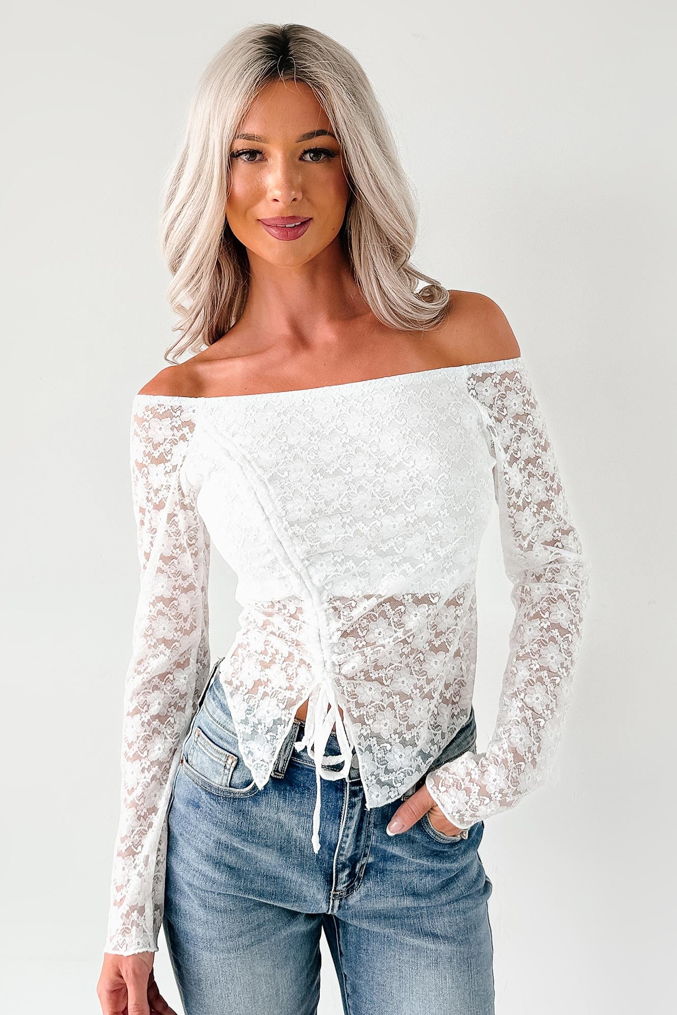 Up To Standard Ruched Lace Asymmetric Top (Ivory) - NanaMacs