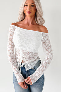 Up To Standard Ruched Lace Asymmetric Top (Ivory) - NanaMacs