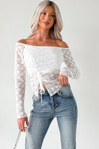 Up To Standard Ruched Lace Asymmetric Top (Ivory) - NanaMacs