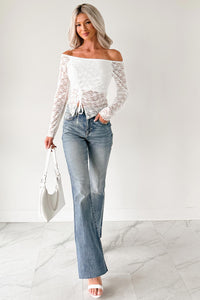 Up To Standard Ruched Lace Asymmetric Top (Ivory) - NanaMacs