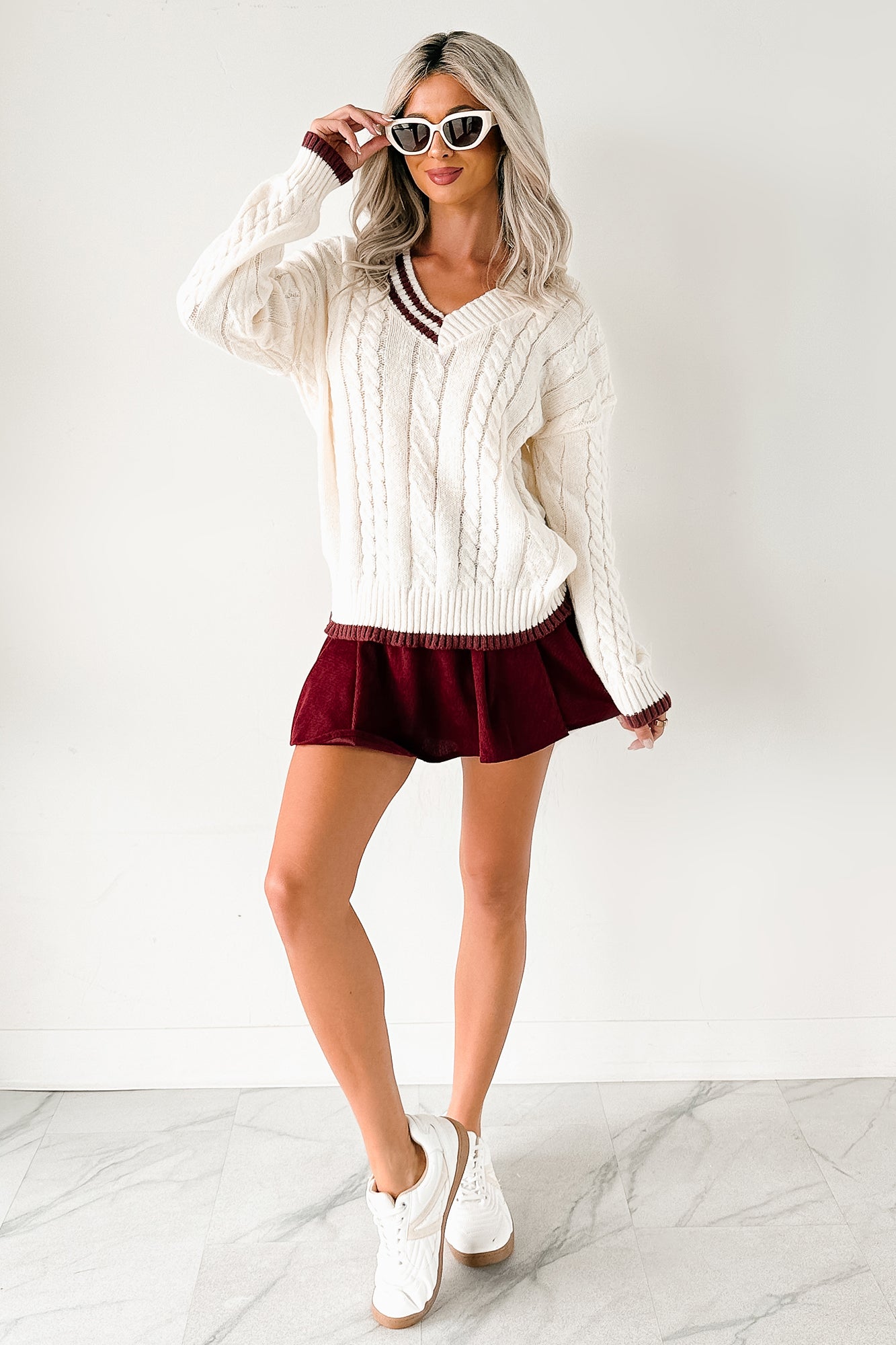 Woven Stories Cable Knit V Neck Sweater (Cream) - NanaMacs