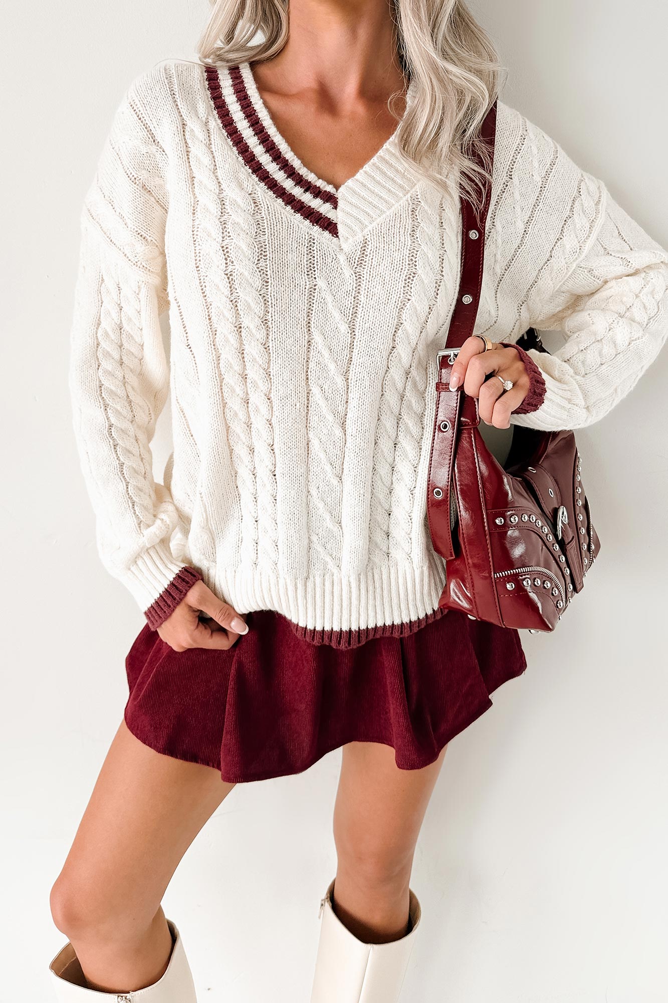 Woven Stories Cable Knit V Neck Sweater (Cream) · NanaMacs