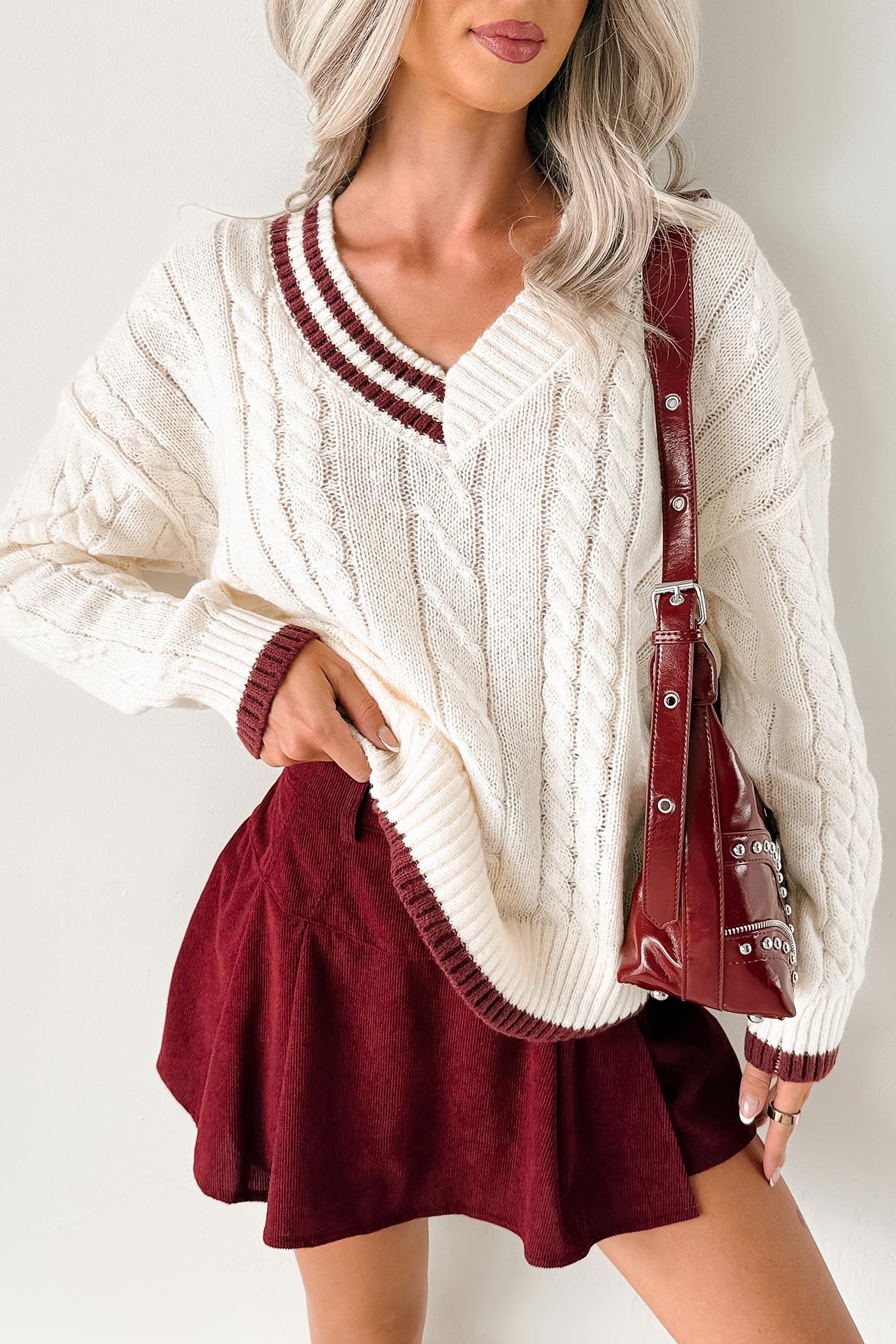 Woven Stories Cable Knit V Neck Sweater (Cream) - NanaMacs