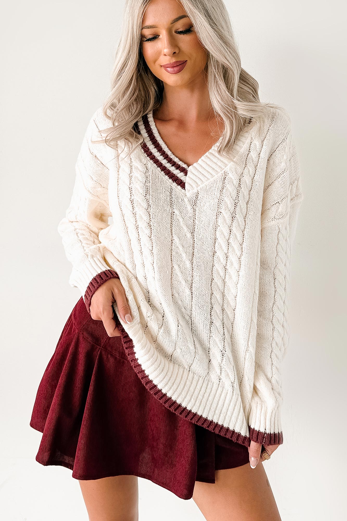 Woven Stories Cable Knit V Neck Sweater (Cream) - NanaMacs