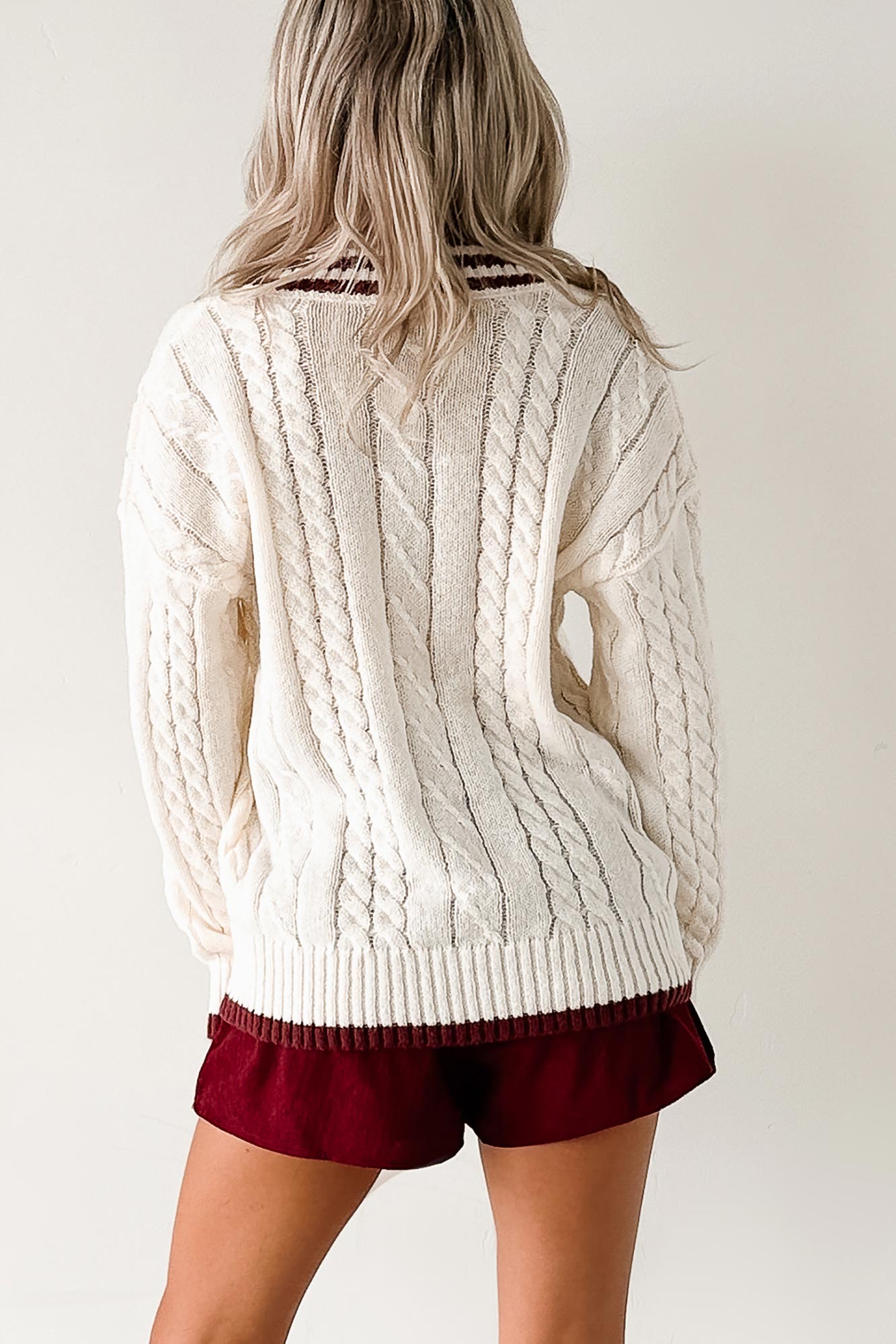 Woven Stories Cable Knit V Neck Sweater (Cream) - NanaMacs