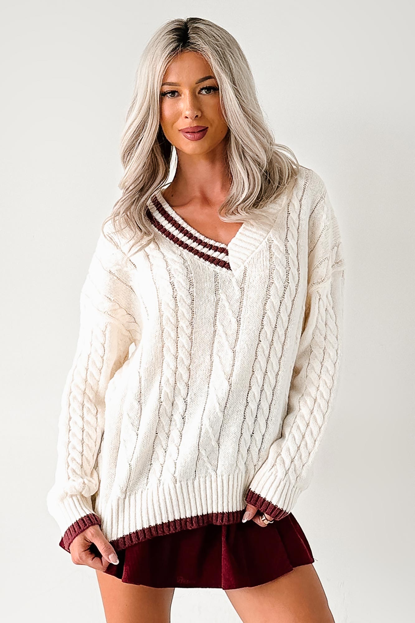 Woven Stories Cable Knit V Neck Sweater (Cream) - NanaMacs