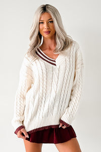 Woven Stories Cable Knit V Neck Sweater (Cream) - NanaMacs