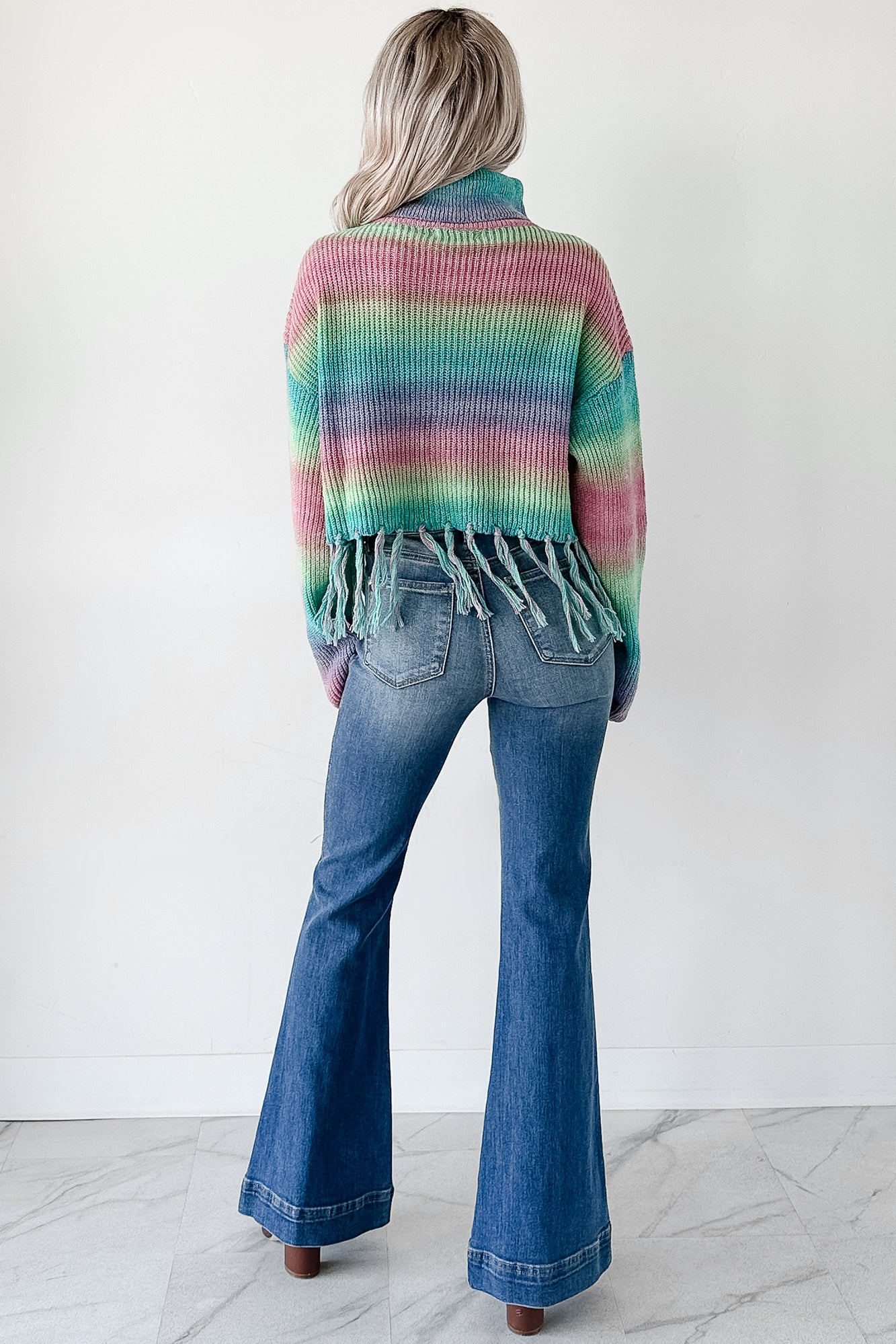 Life In Color Ombre Stripe Tassel Sweater (Sage Rainbow) - NanaMacs