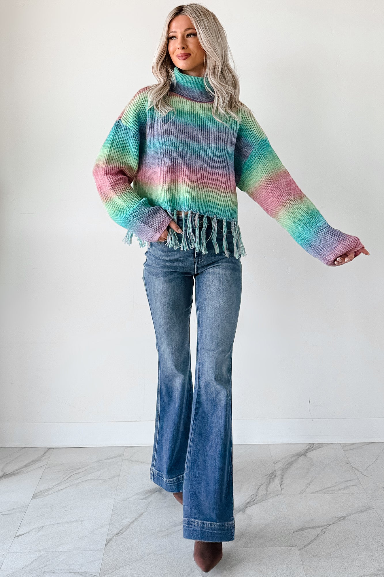 Life In Color Ombre Stripe Tassel Sweater (Sage Rainbow) - NanaMacs