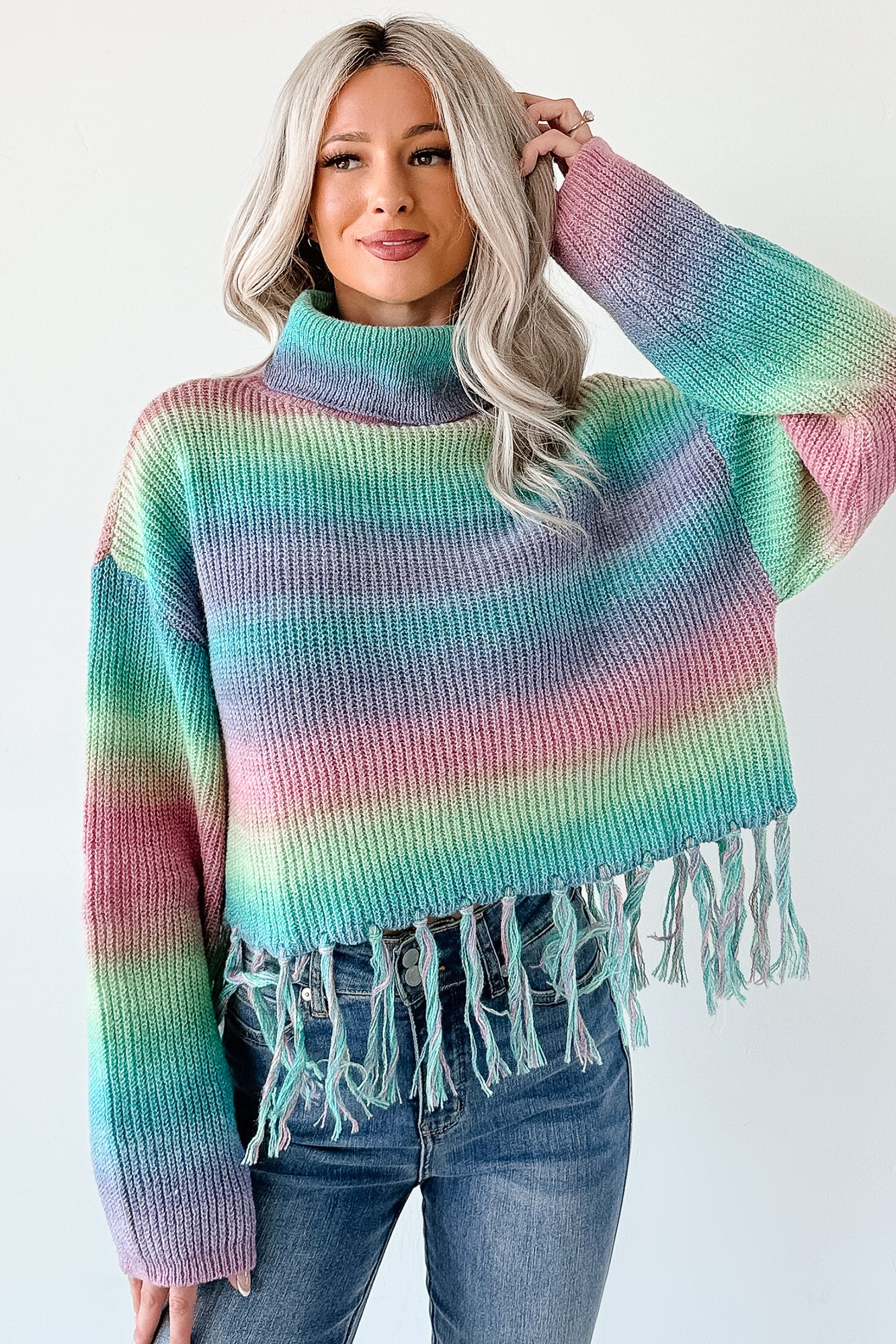 Life In Color Ombre Stripe Tassel Sweater (Sage Rainbow) - NanaMacs