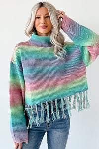 Life In Color Ombre Stripe Tassel Sweater (Sage Rainbow) - NanaMacs