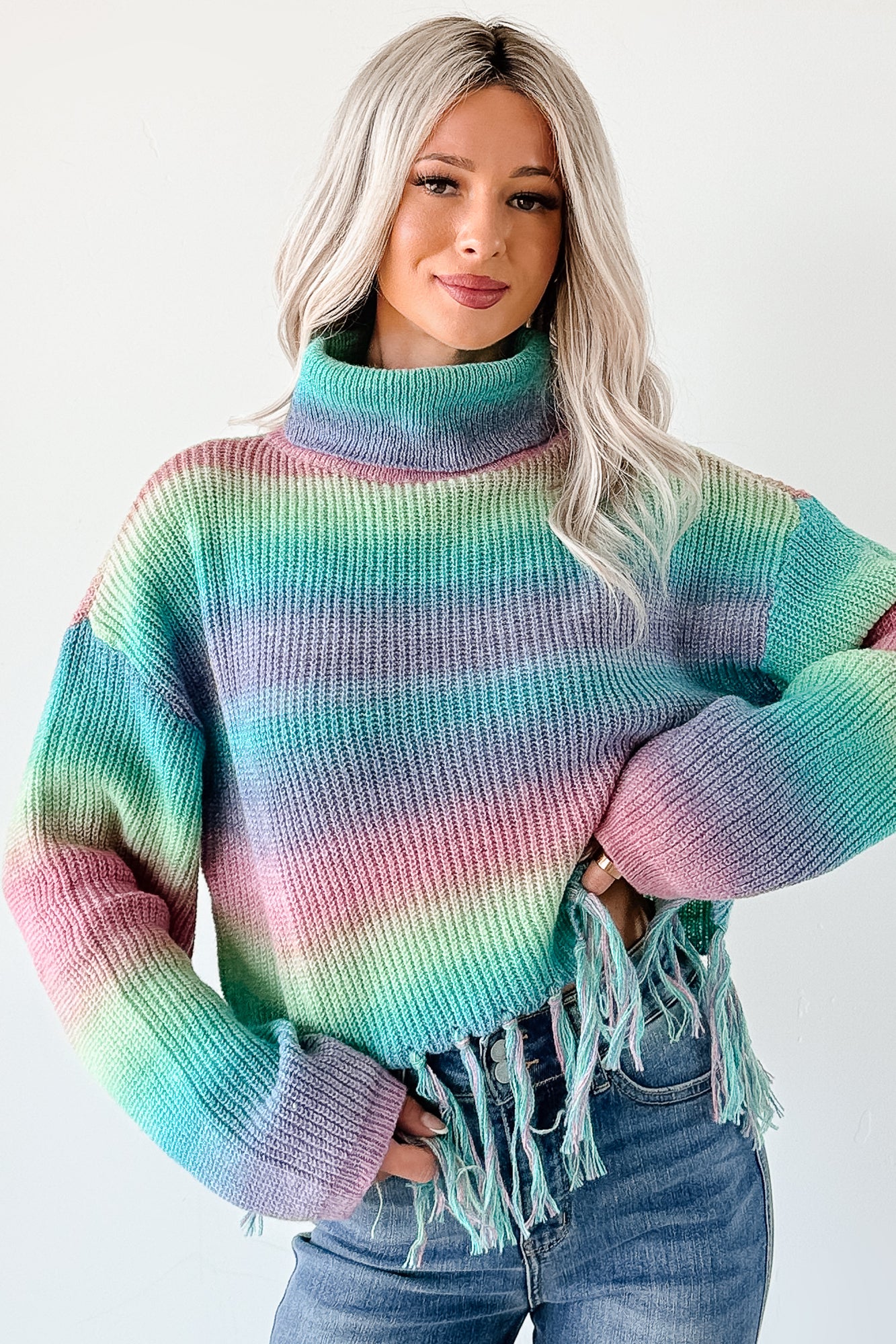 Life In Color Ombre Stripe Tassel Sweater (Sage Rainbow) - NanaMacs