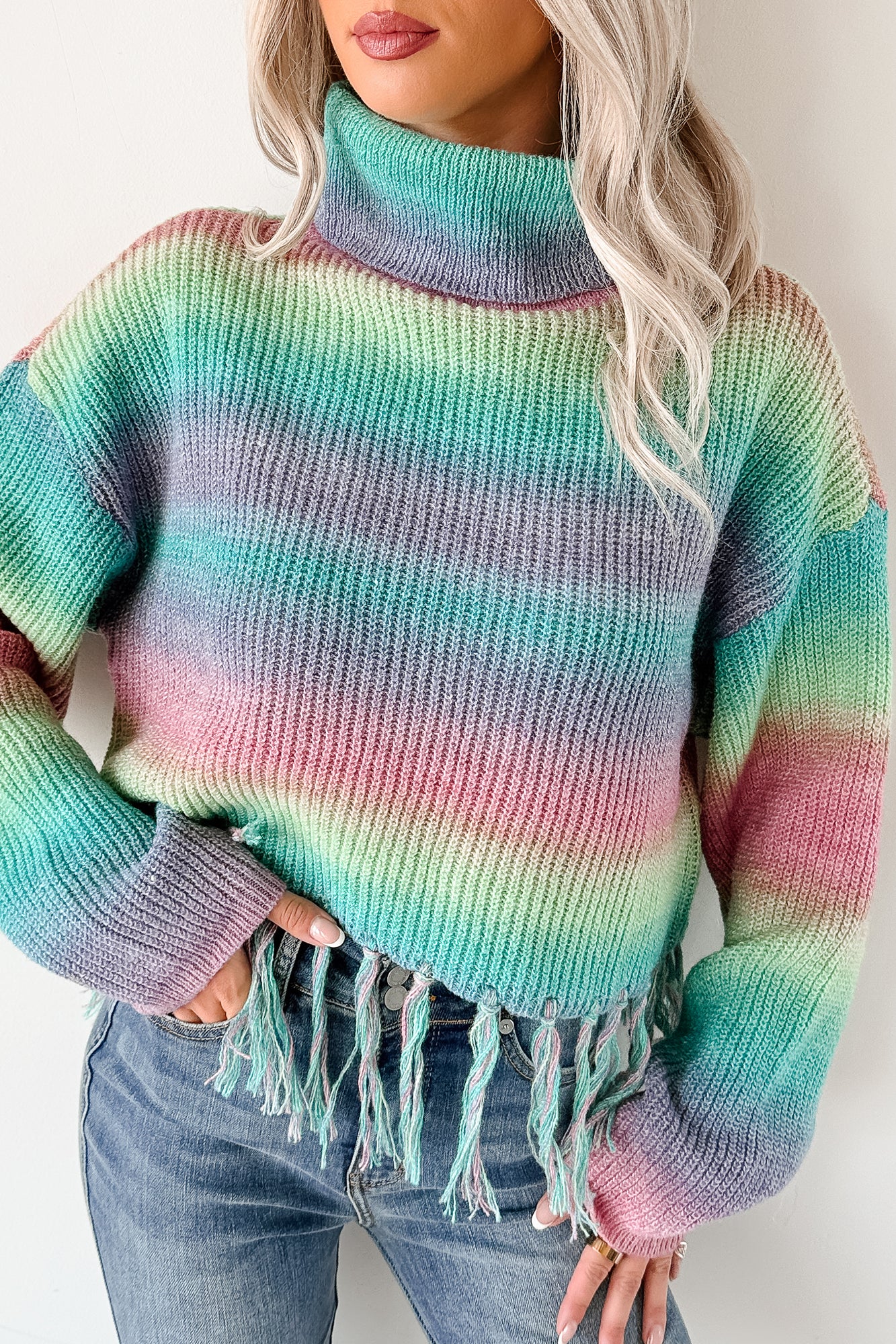 Life In Color Ombre Stripe Tassel Sweater (Sage Rainbow) - NanaMacs