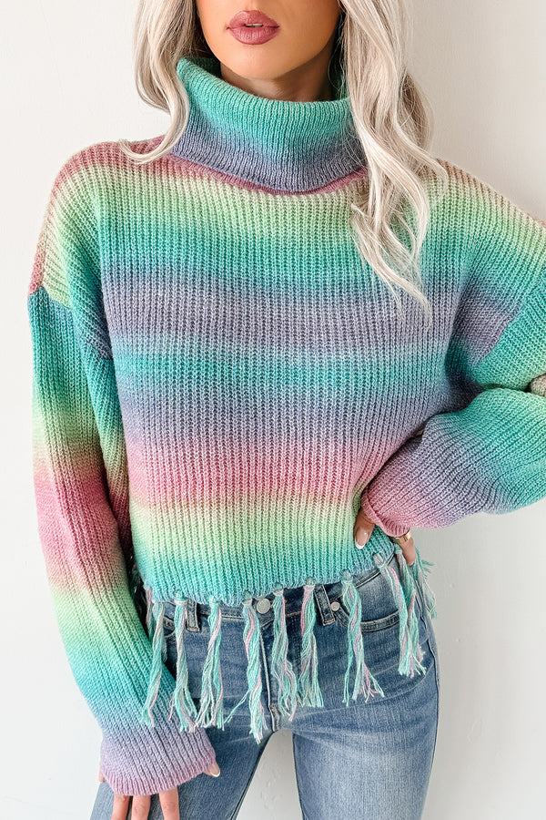 Life In Color Ombre Stripe Tassel Sweater (Sage Rainbow) - NanaMacs