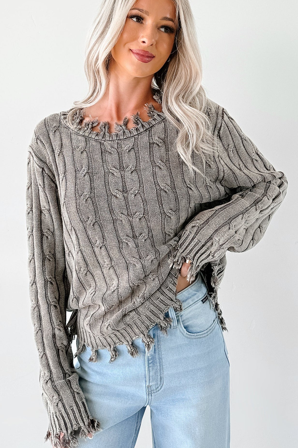 Unwritten Future Cable Knit Fringe Zenana Sweater (Brown) · NanaMacs