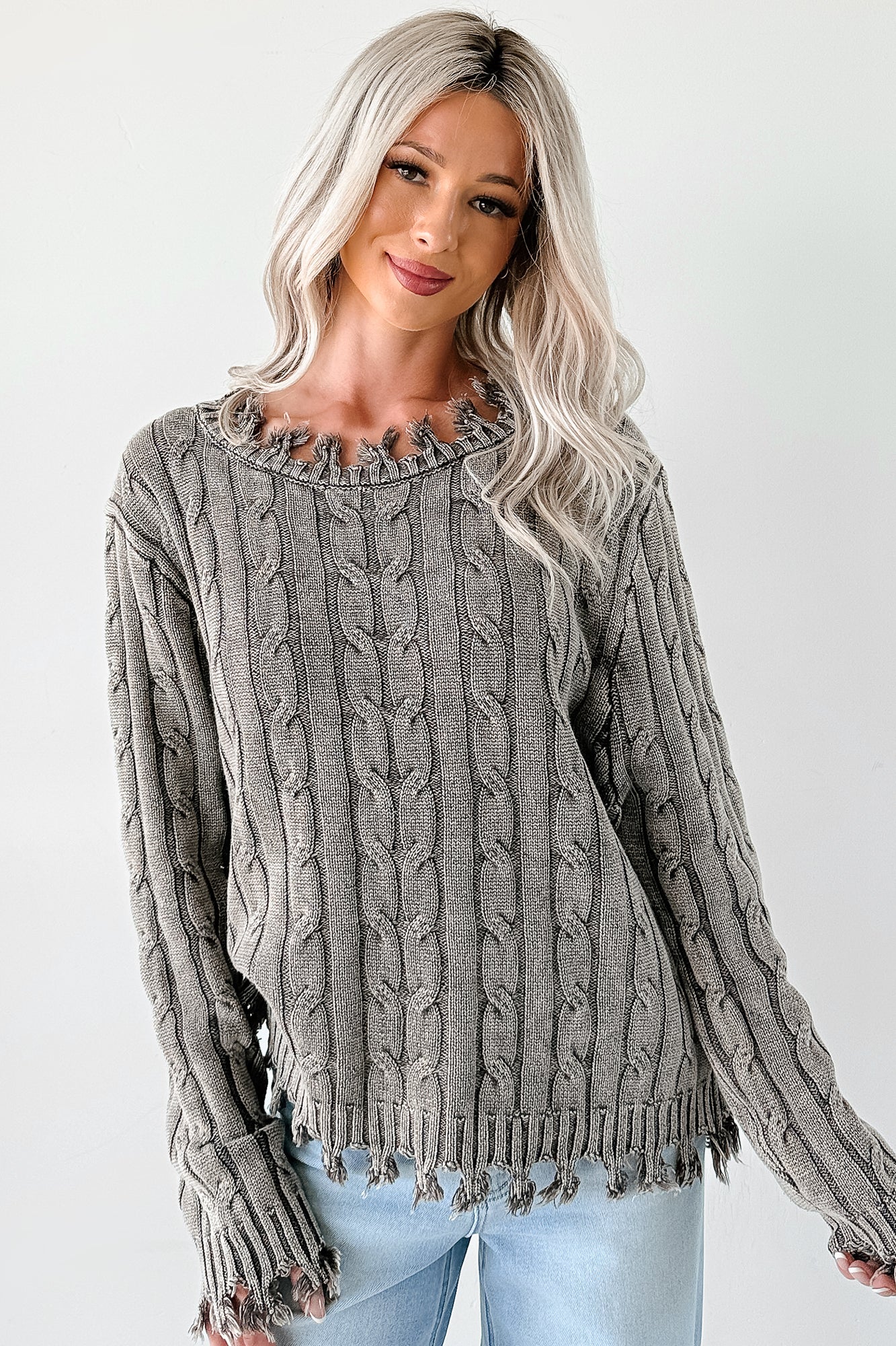 Unwritten Future Cable Knit Fringe Zenana Sweater (Brown) - NanaMacs