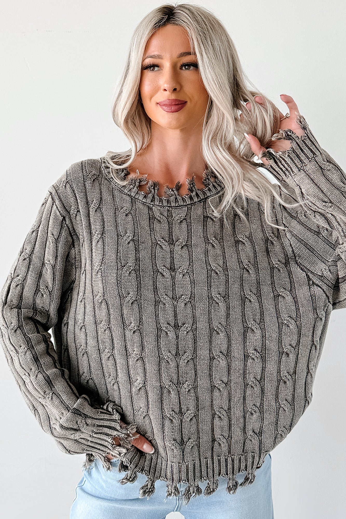 Unwritten Future Cable Knit Fringe Zenana Sweater (Brown) · NanaMacs
