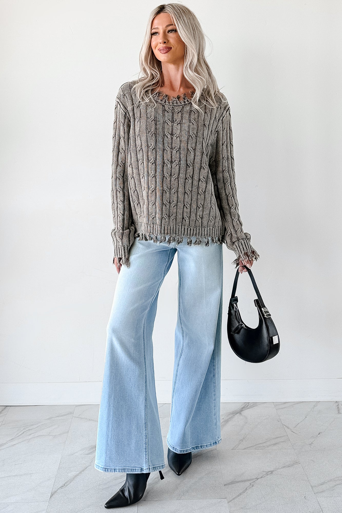 Unwritten Future Cable Knit Fringe Zenana Sweater (Brown) - NanaMacs