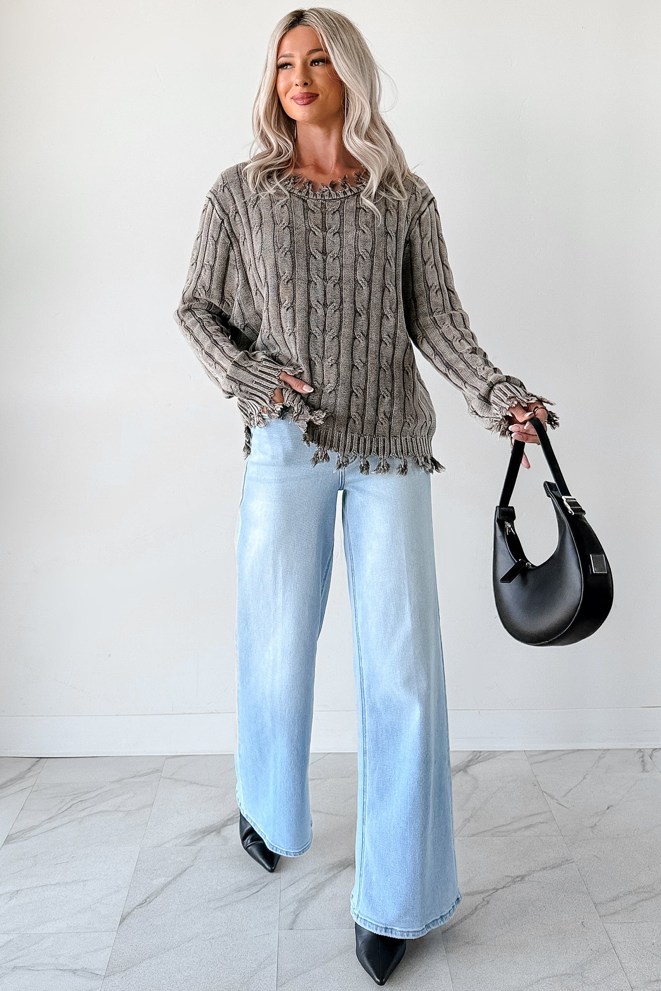 Unwritten Future Cable Knit Fringe Zenana Sweater (Brown) · NanaMacs