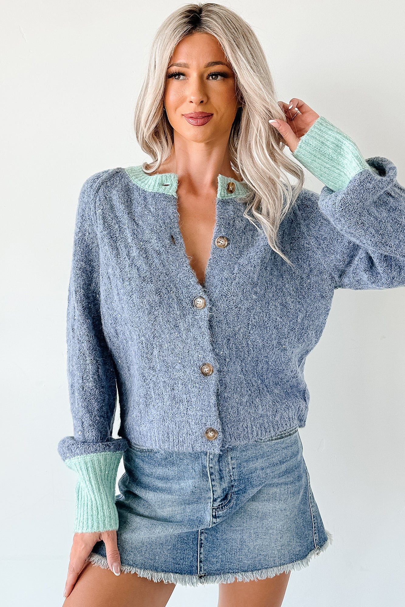 Daydream Zen Knit Contrast Glittery Cardigan (Blue) - NanaMacs