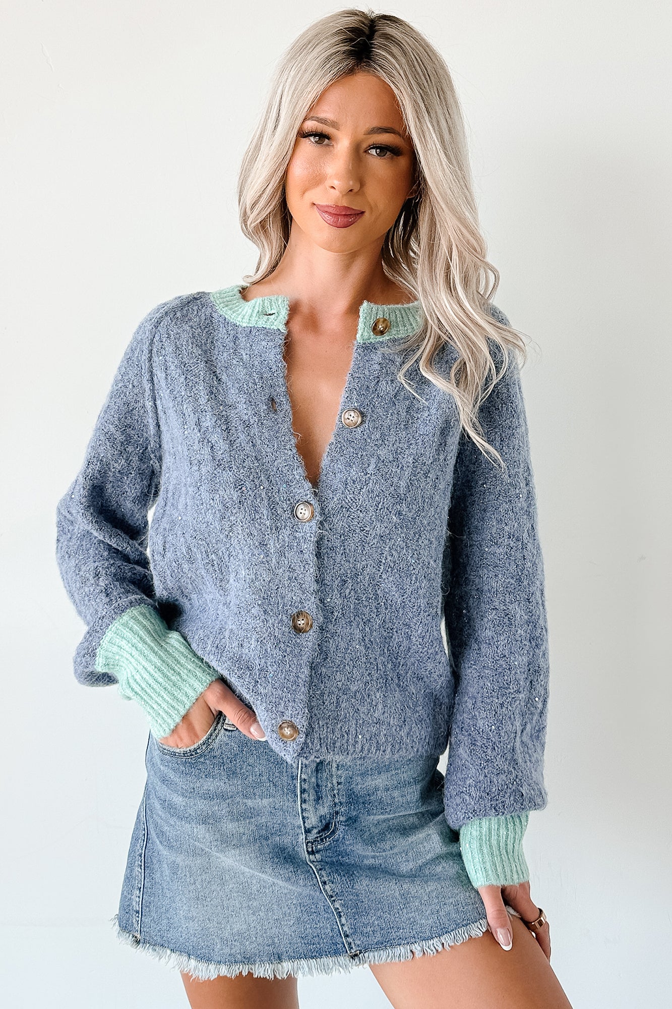 Daydream Zen Knit Contrast Glittery Cardigan (Blue) - NanaMacs