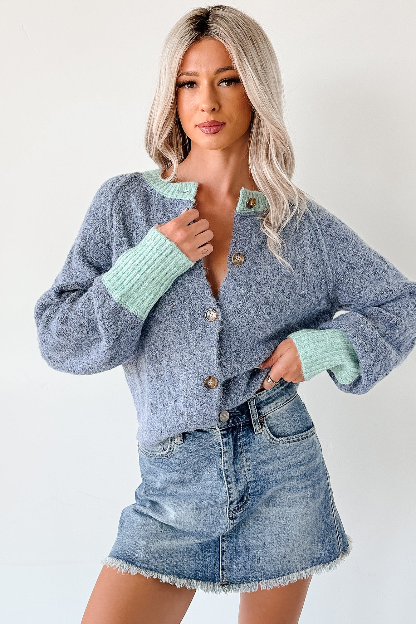 Daydream Zen Knit Contrast Glittery Cardigan (Blue) - NanaMacs
