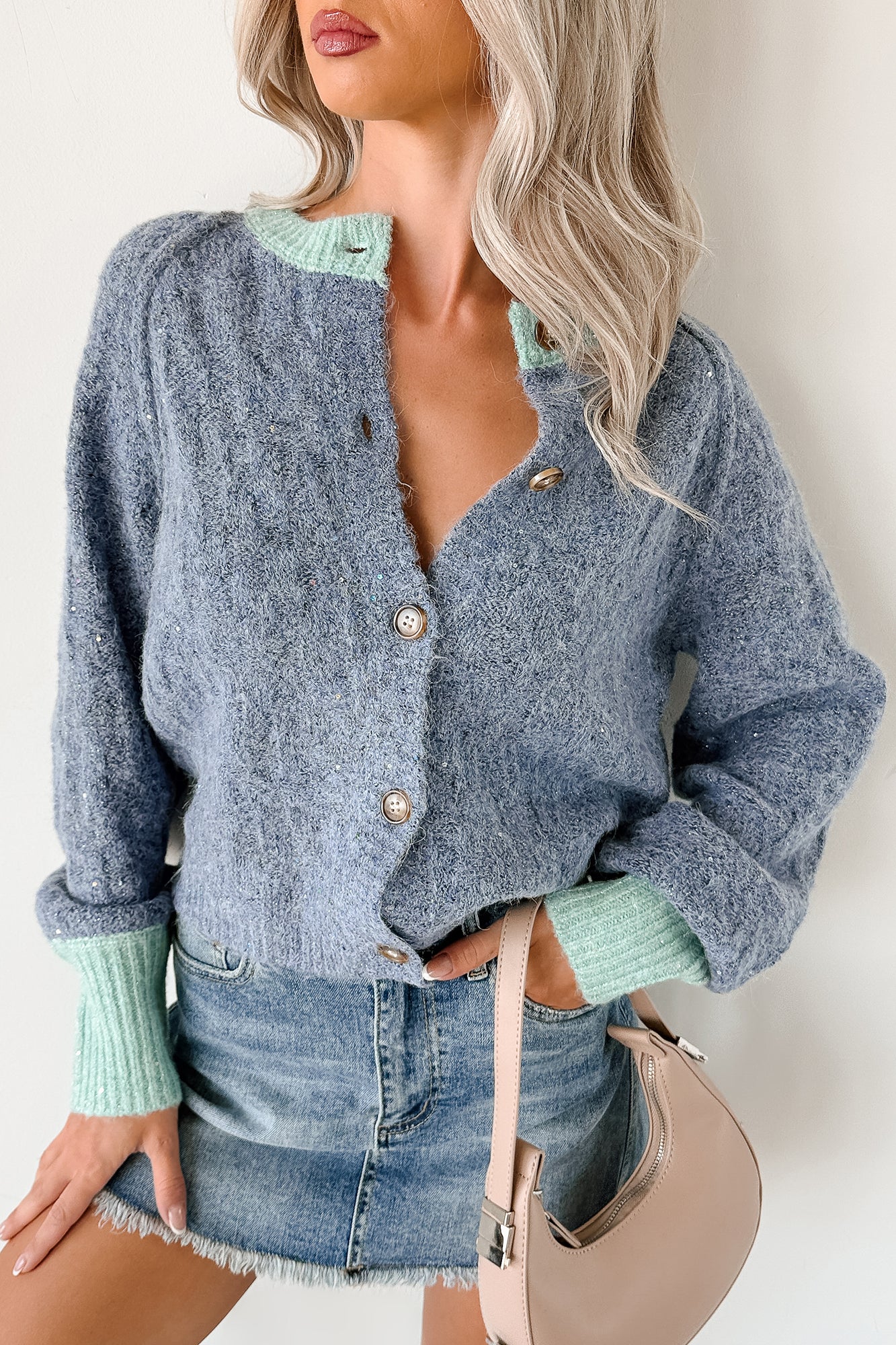 Daydream Zen Knit Contrast Glittery Cardigan (Blue) - NanaMacs
