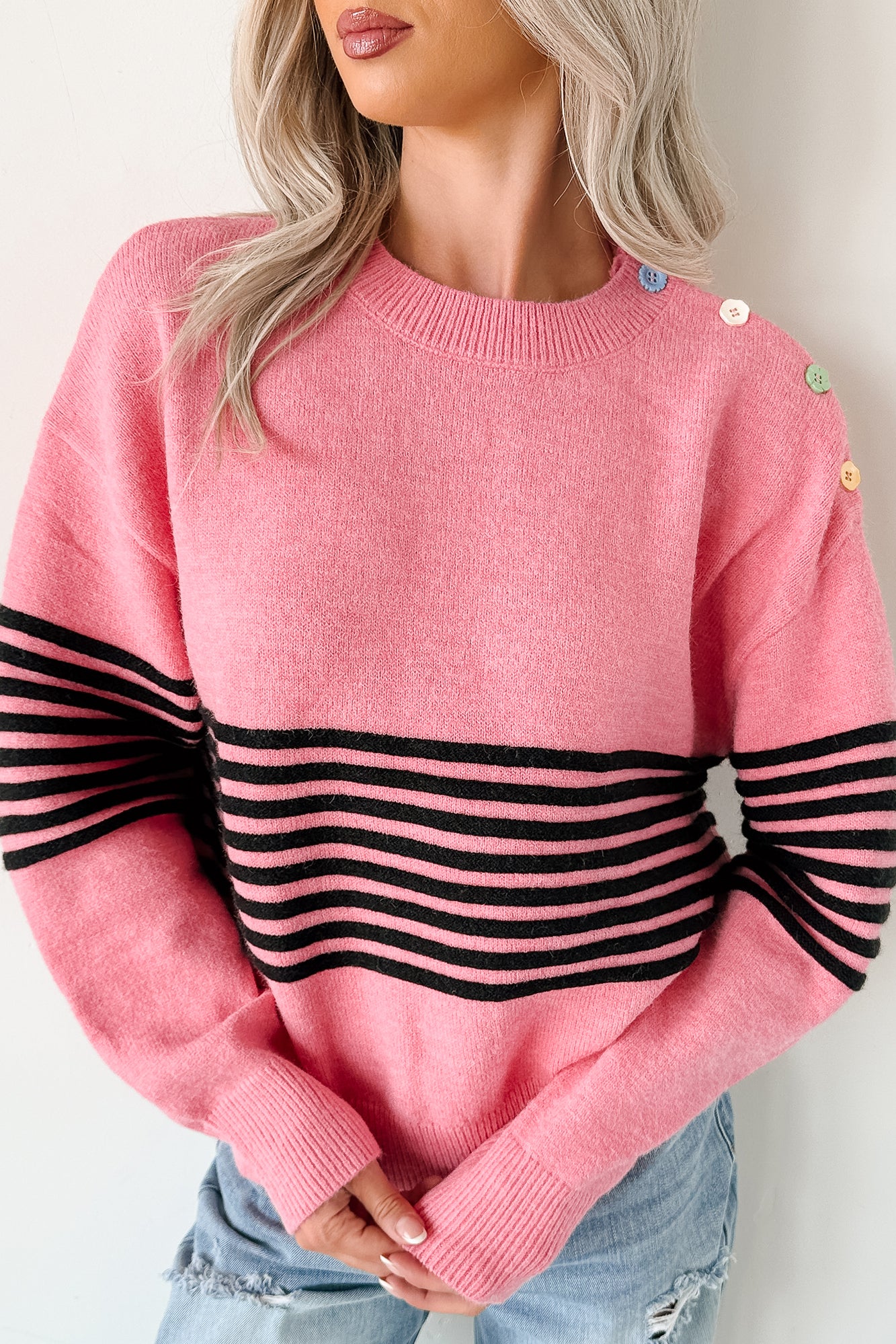 My Favorites Long Sleeve Striped Knit Sweater (Pink/Multi) - NanaMacs