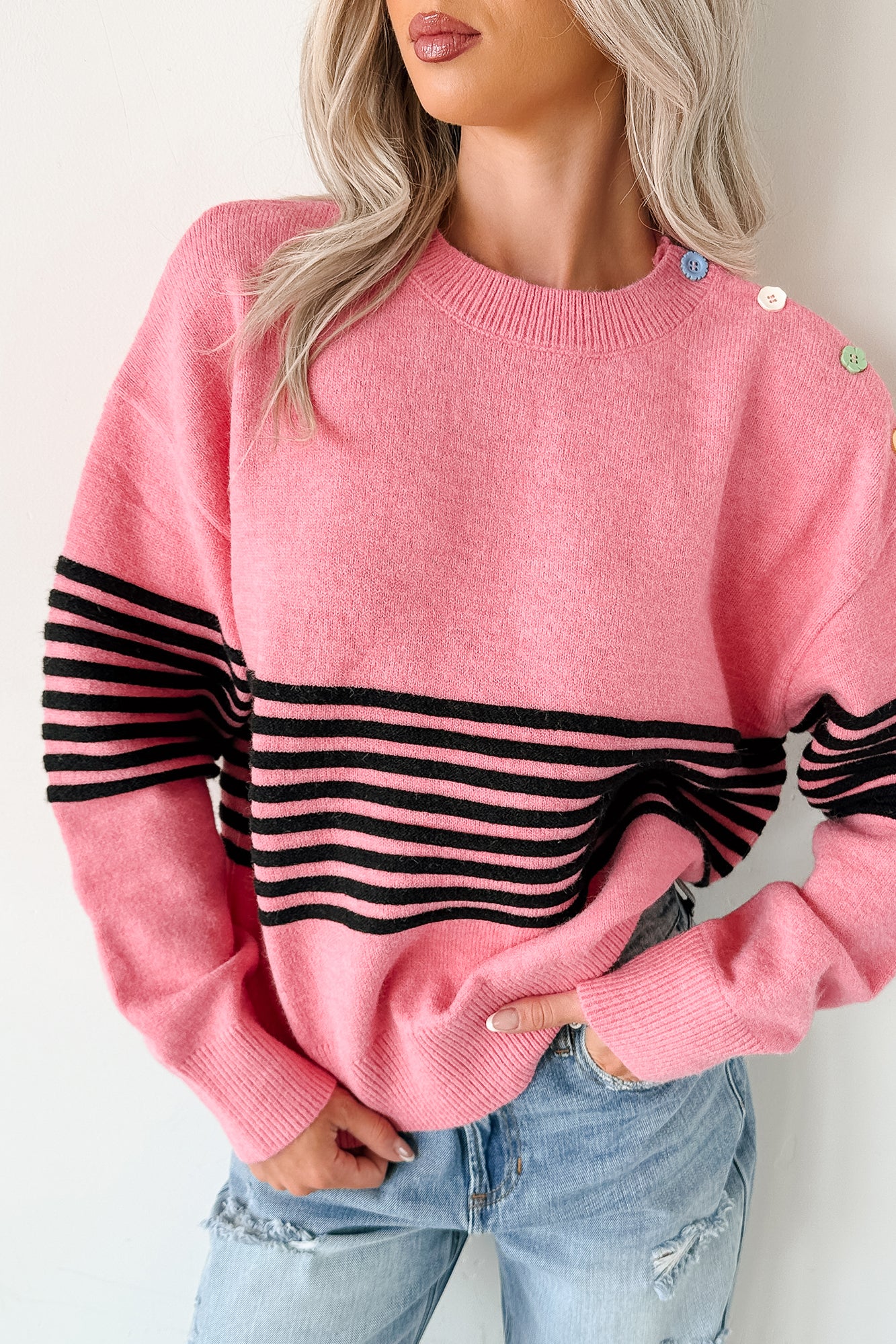 My Favorites Long Sleeve Striped Knit Sweater (Pink/Multi) - NanaMacs