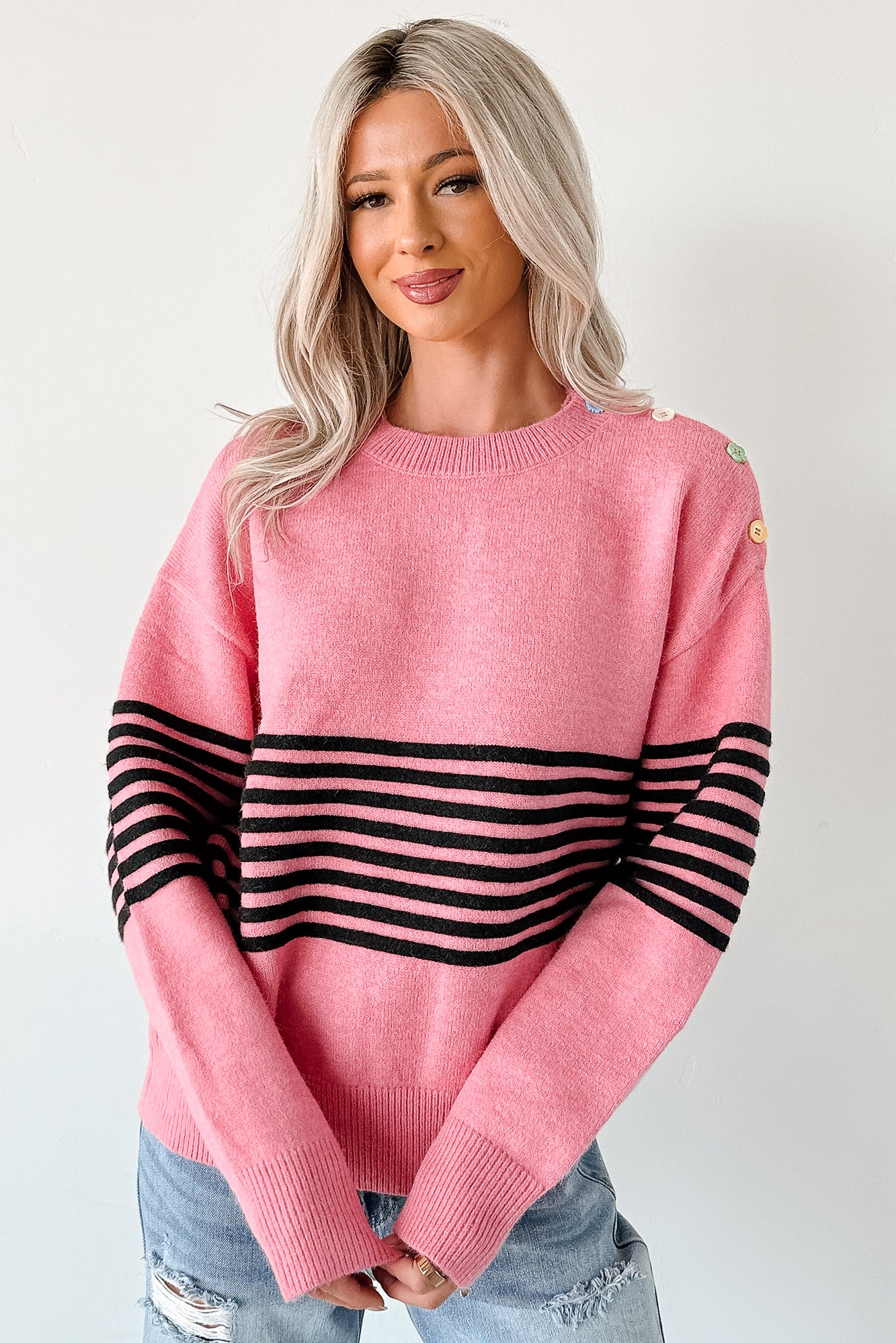 My Favorites Long Sleeve Striped Knit Sweater (Pink/Multi) - NanaMacs