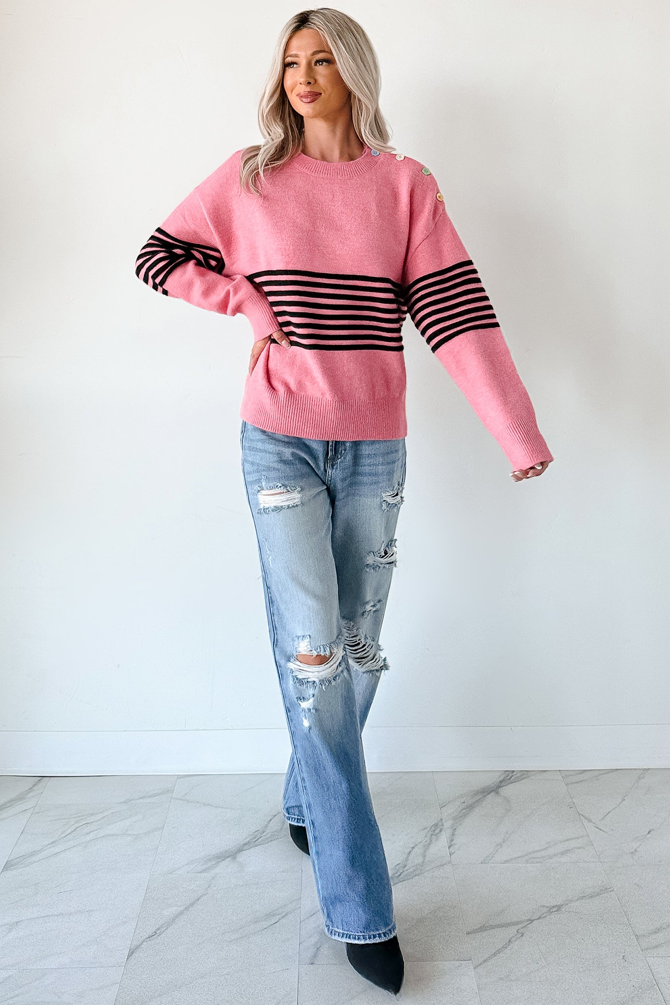 My Favorites Long Sleeve Striped Knit Sweater (Pink/Multi) - NanaMacs