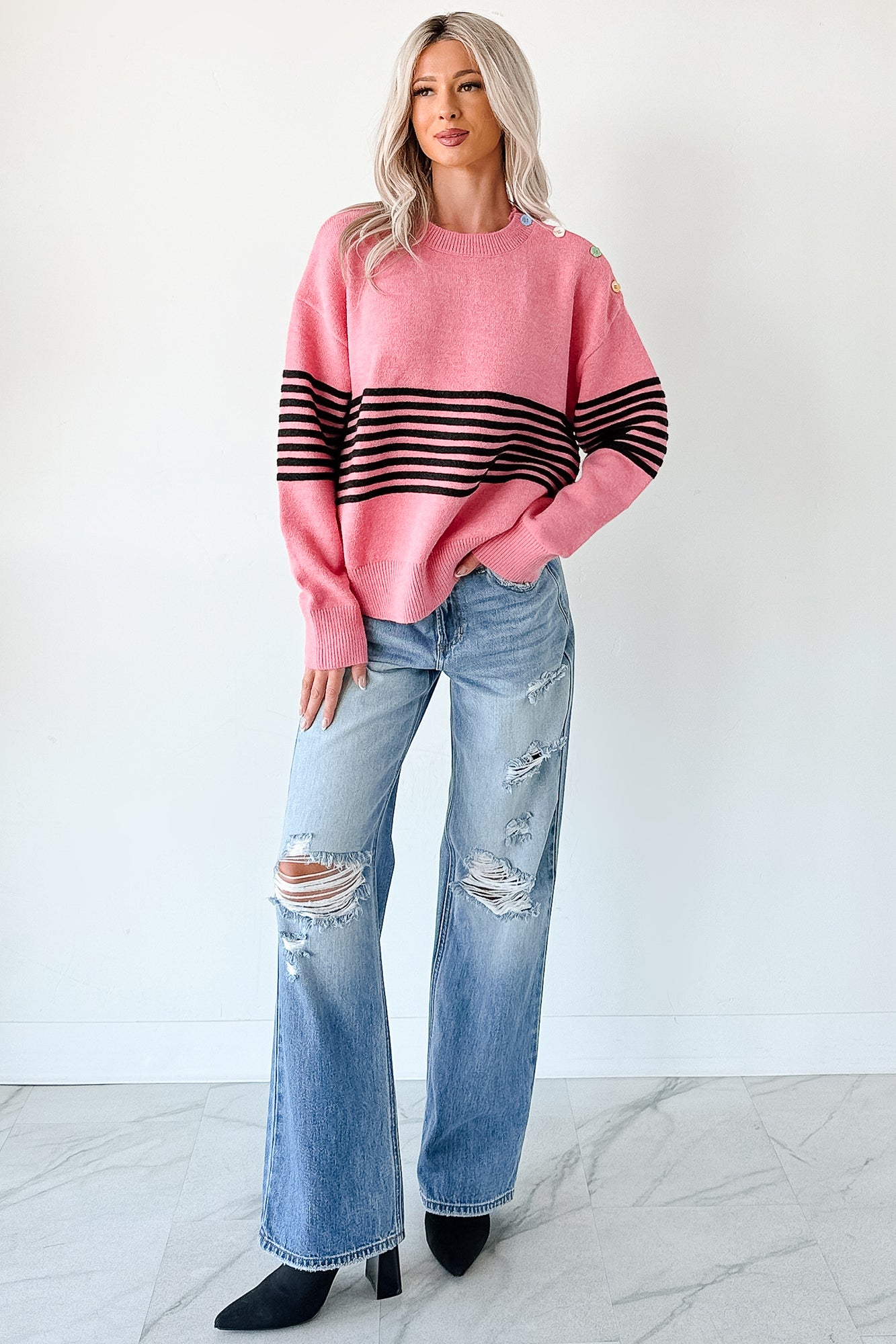 My Favorites Long Sleeve Striped Knit Sweater (Pink/Multi) - NanaMacs