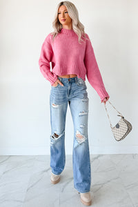 Effortlessly Edgy Distressed Crop Signature 8 Sweater (Pink) - NanaMacs