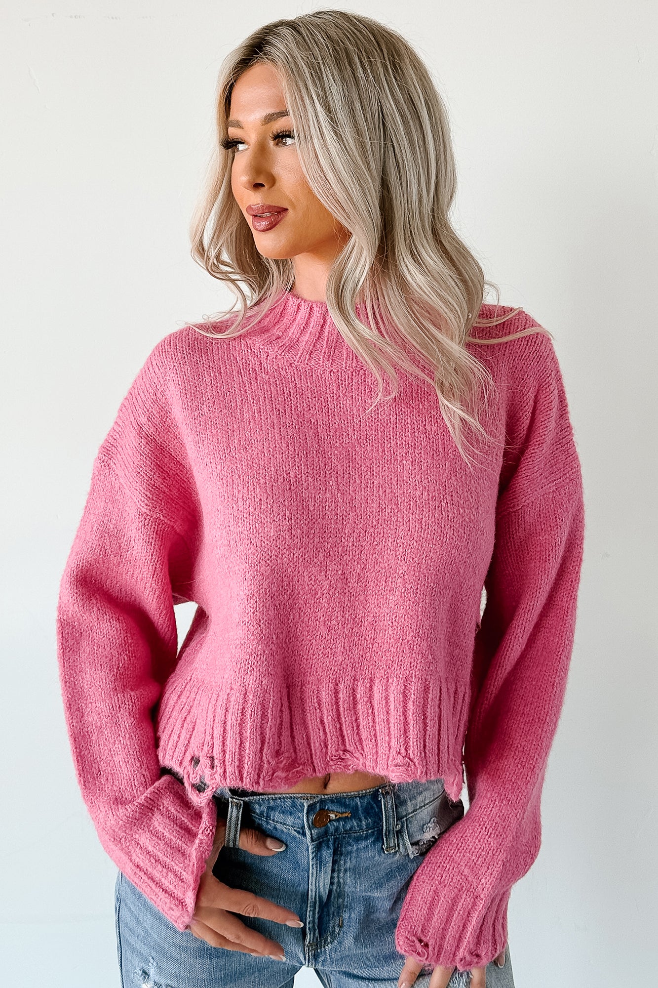 Effortlessly Edgy Distressed Crop Signature 8 Sweater (Pink) - NanaMacs