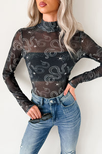 Felt Spooky NM Original Mesh Mock Neck Bodysuit (Black Snake) - NanaMacs