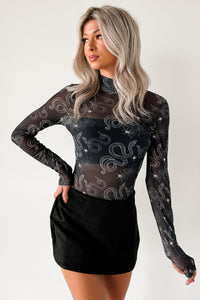 Felt Spooky NM Original Mesh Mock Neck Bodysuit (Black Snake) - NanaMacs