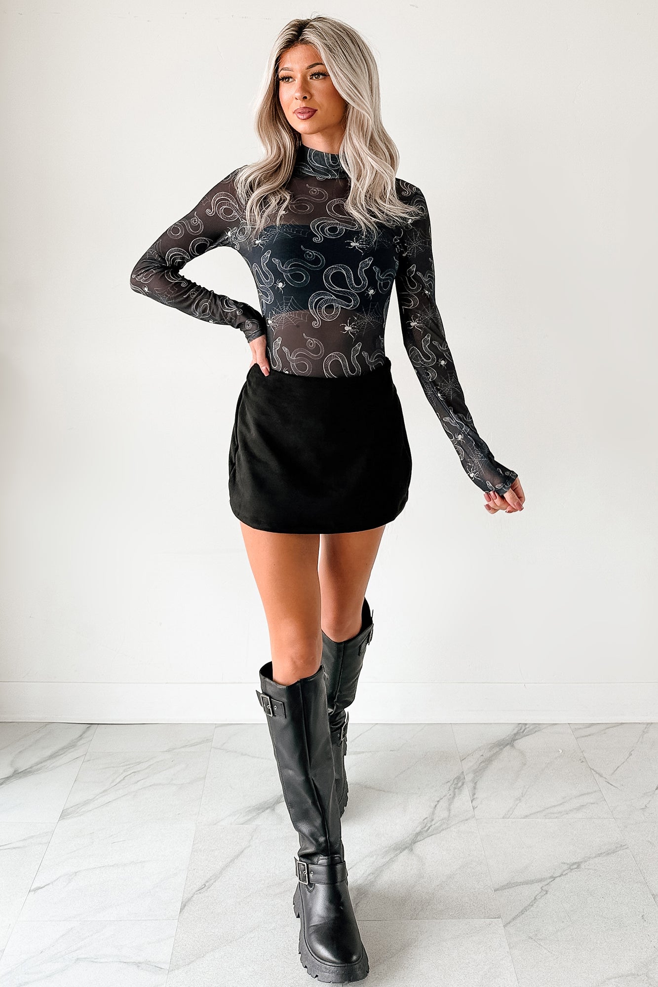 Felt Spooky NM Original Mesh Mock Neck Bodysuit (Black Snake) - NanaMacs