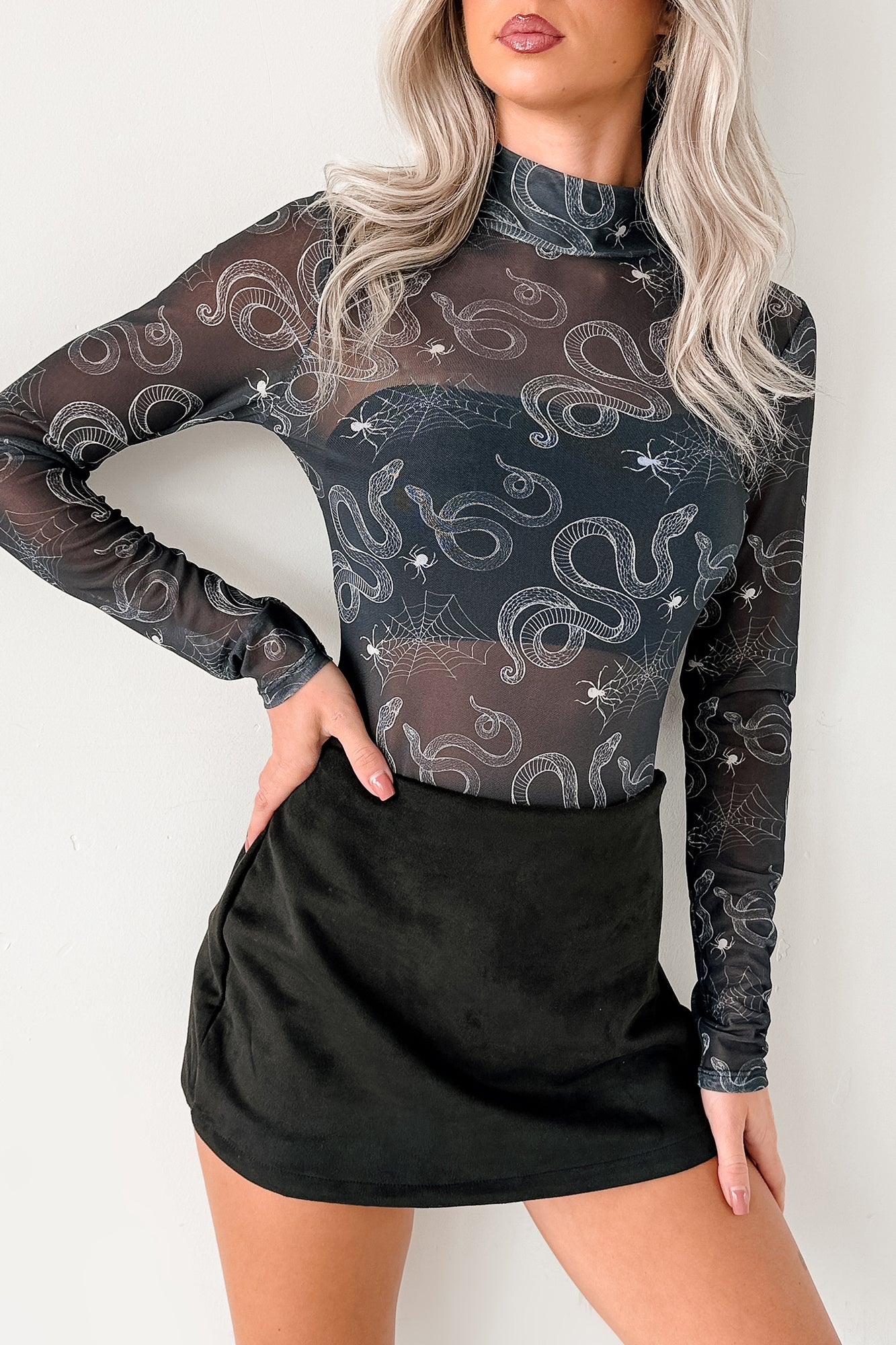 Felt Spooky NM Original Mesh Mock Neck Bodysuit (Black Snake) - NanaMacs