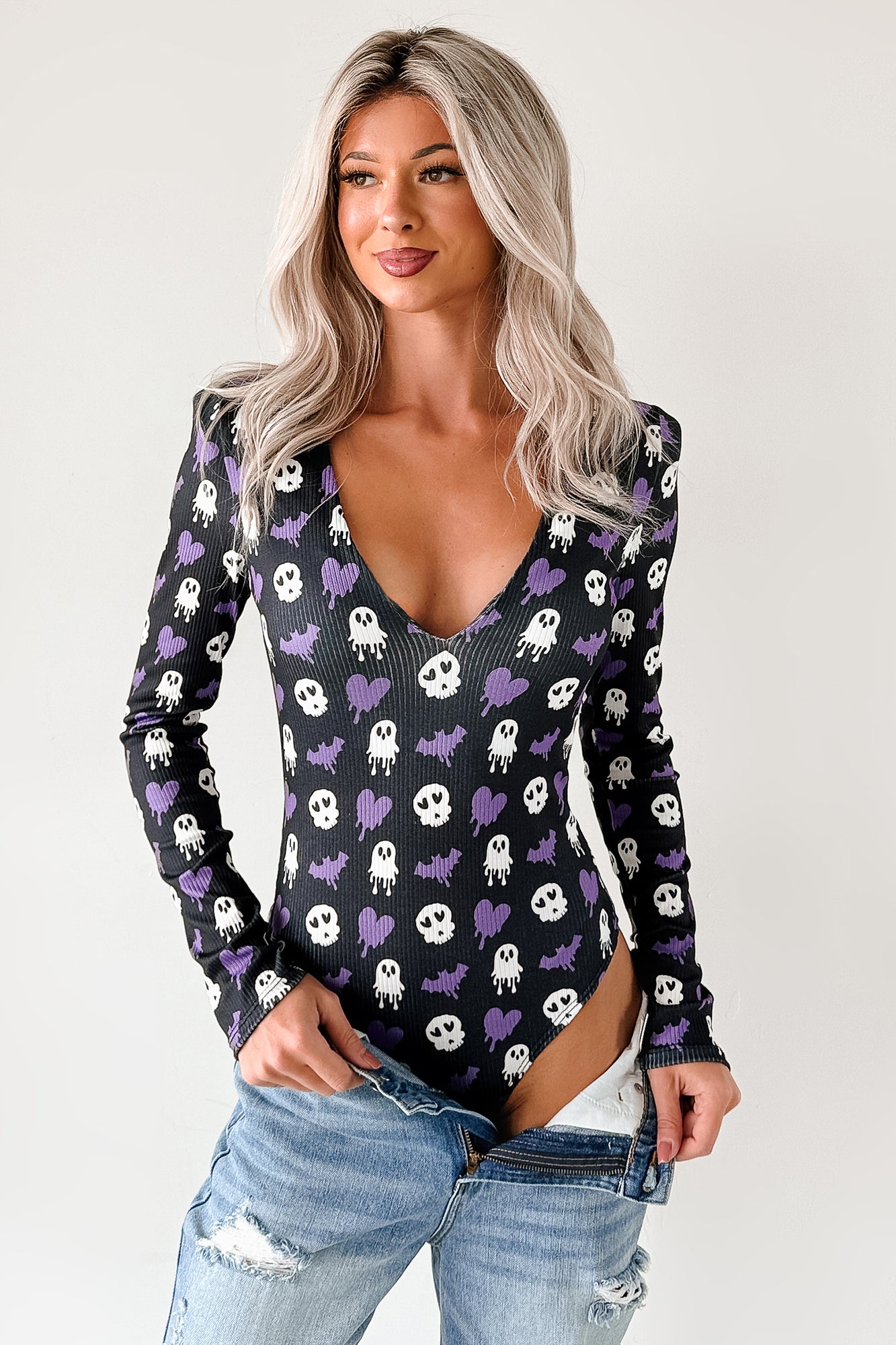 Ghoul's Night Out NM Original Padded V-Neck Bodysuit (Purple Ghouls) - NanaMacs