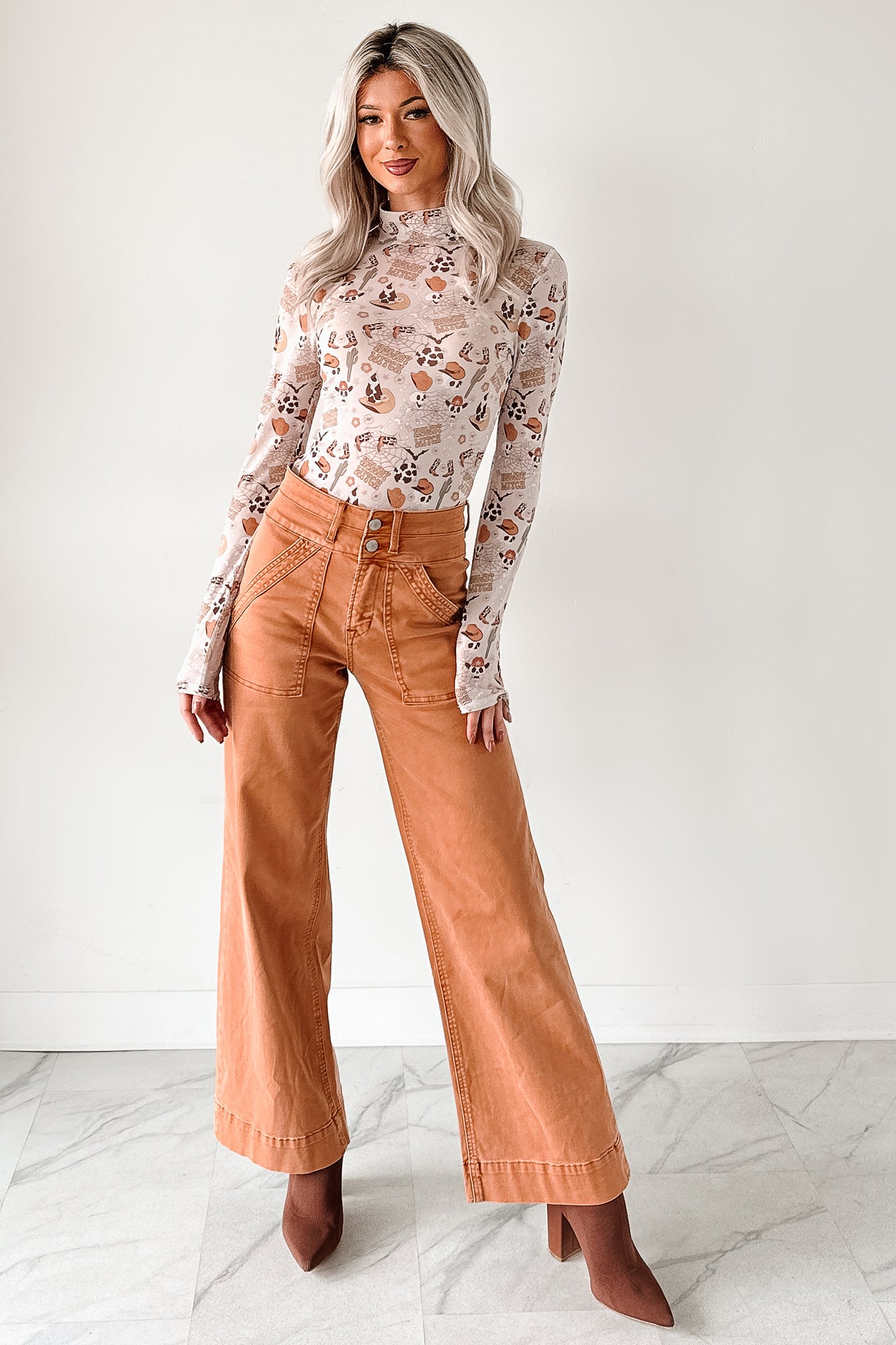 Henley Wide Leg Mica Denim Jeans (Cinnamon) - NanaMacs