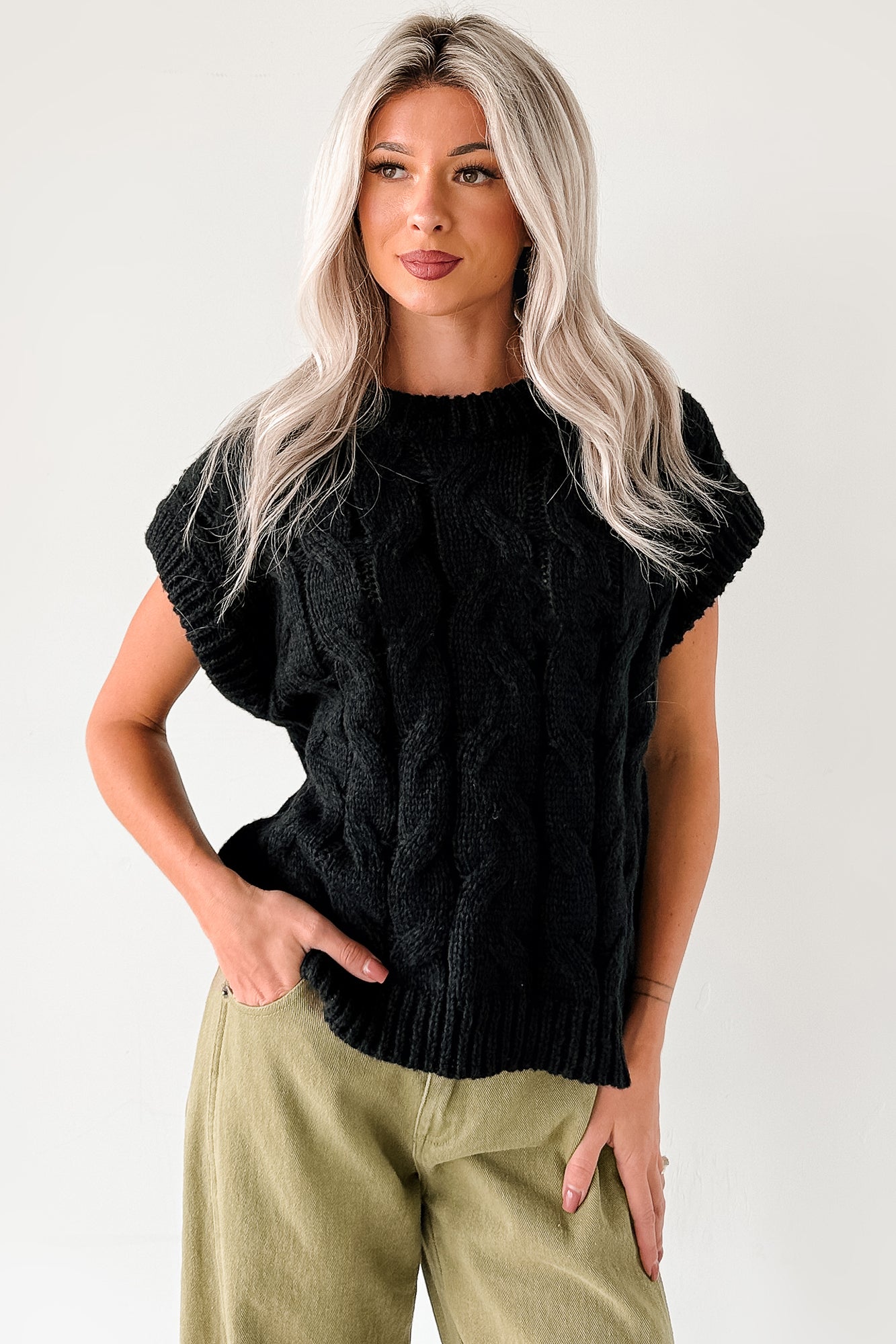Don't Envy Me Cable Knit Sweater Vest (Black) - NanaMacs