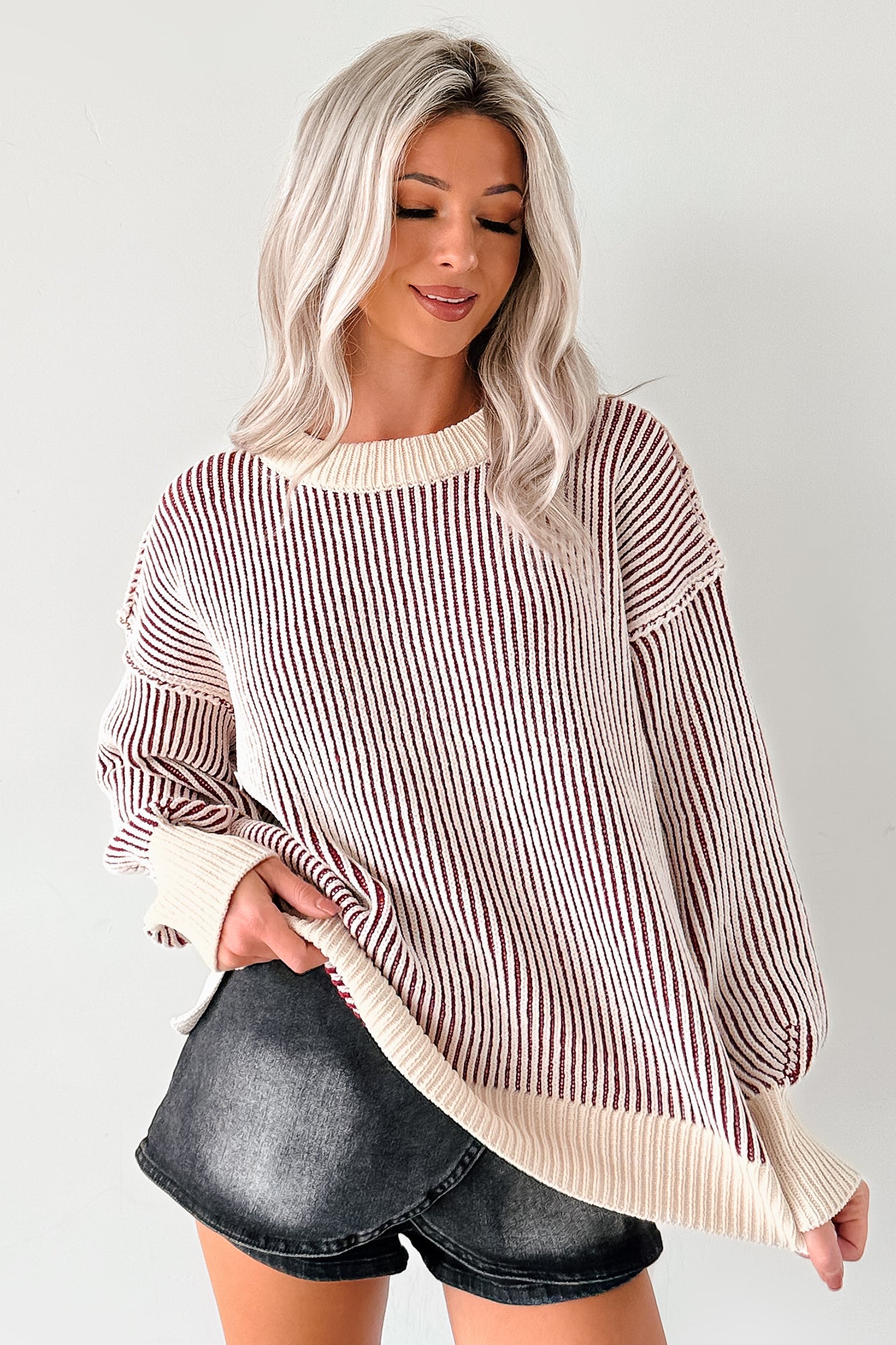 Snug Haven Two Tone Zenana Sweater (Cabernet) - NanaMacs