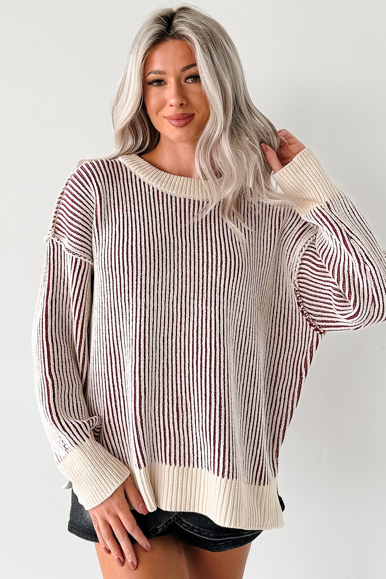 Snug Haven Two Tone Zenana Sweater (Cabernet) - NanaMacs